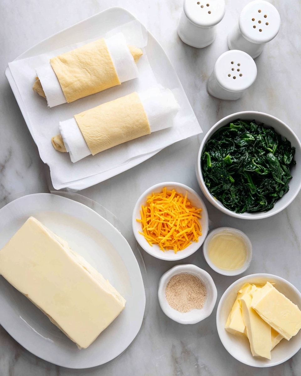 The image shows a white plate with two folded sheets of pale yellow dough on the upper left side, each wrapped with white parchment paper peeking out from the ends. Below on the left, a white plate holds a large block of creamy white cheese with a soft texture. To the right, there is a white bowl filled with dark green cooked spinach, chopped into pieces. Above it are two small white bowls, one filled with shredded bright orange cheddar cheese and the other with shredded light yellow cheese. Nearby, two small white dishes contain fine pale brown powders, likely seasonings. A small white bowl holds two light yellow pats of butter. In the top right corner, two white containers for salt and pepper sit side by side. The scene is set on a white marbled surface. photo taken with an iphone --ar 4:5 --v 7