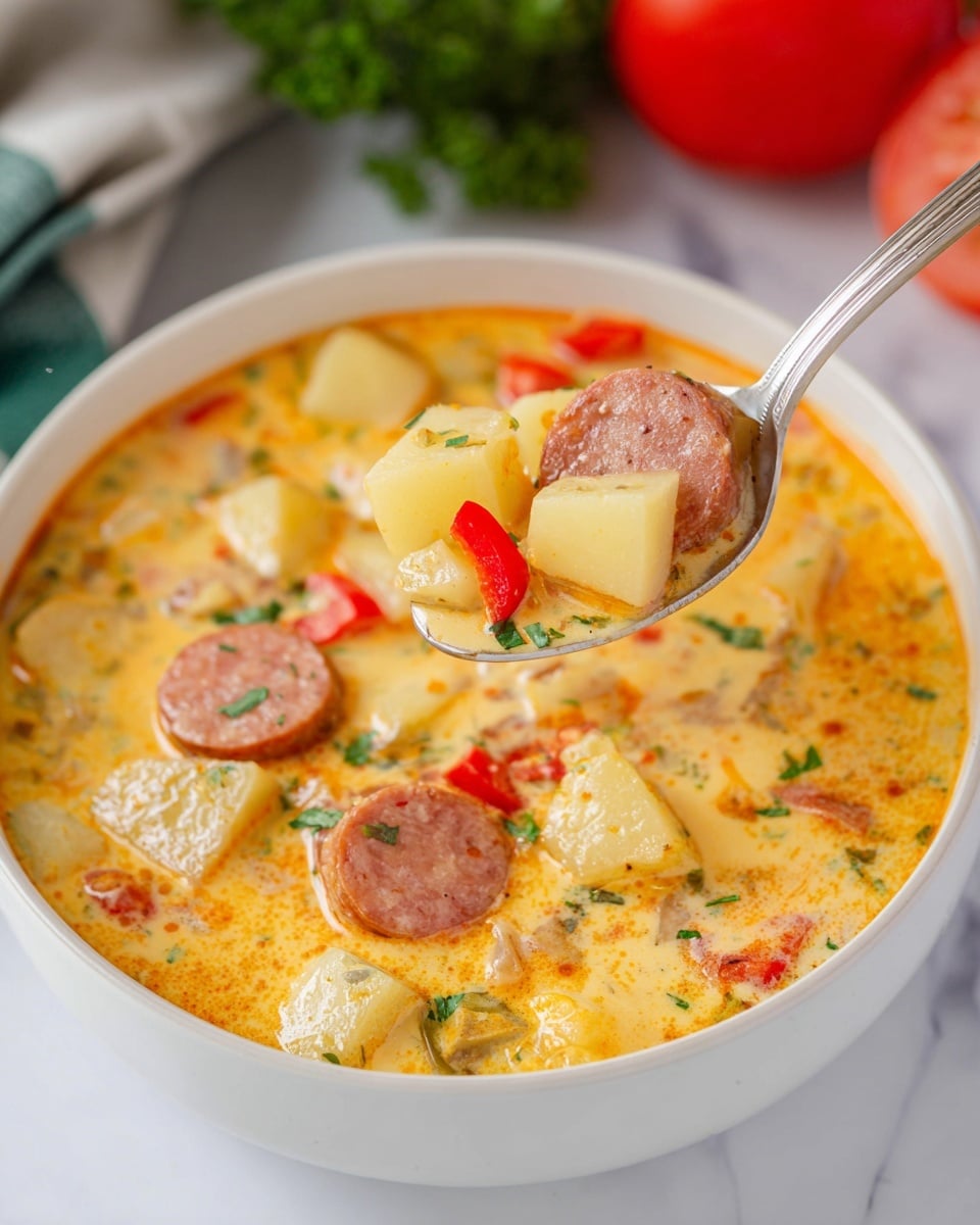 A white bowl filled with thick creamy soup with an orange-yellow color, showing visible oil droplets on the surface. The soup contains many pieces of cubed potatoes that are pale yellow, slices of browned sausage that have a smooth texture and a reddish-brown color, and small bits of green herbs and red bell pepper for contrast. A silver spoon holds a scoop of the soup above the bowl, displaying a large potato cube, a sausage slice, red pepper pieces, and herbs in the creamy broth. The bowl is set on a white marbled surface with a blurred red tomato and green herbs in the background. photo taken with an iphone --ar 4:5 --v 7