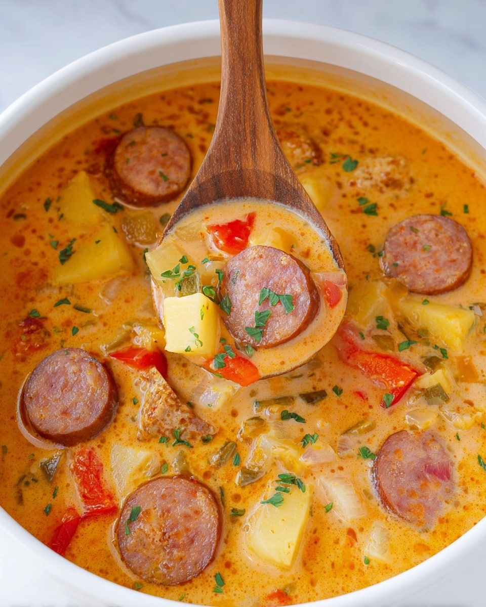A white bowl filled with creamy orange soup showing several round slices of brown sausage spread evenly in the broth. The soup has visible chunks such as light yellow potatoes, red bell peppers, pale onions, and some green pepper pieces mixed in. A wooden spoon in the middle lifts a spoonful, revealing all the chunky ingredients closely together with a hint of chopped herbs scattered on top. The soup surface is a smooth blend of orange and cream colors, with small bits of vegetables and sausage floating throughout. The scene is set on a white marbled surface. photo taken with an iphone --ar 4:5 --v 7