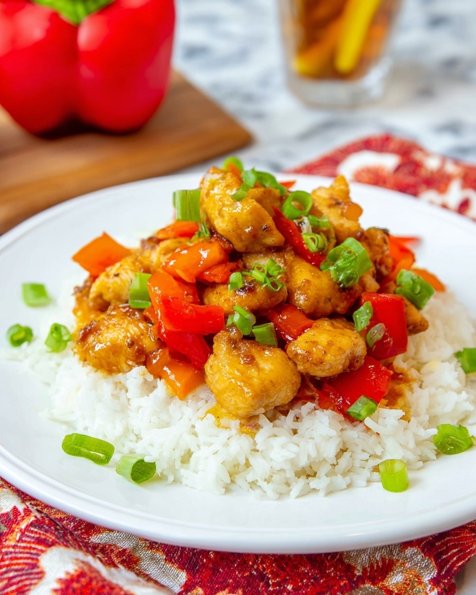 A white plate holds a dish with two main layers; the bottom layer is a fluffy bed of white rice, with a soft and slightly grainy texture. On top, there's a generous portion of cooked chicken pieces that are golden brown with a slight glaze, mixed with bright orange-red bell pepper chunks and garnished with small, fresh green onion slices sprinkled unevenly. The plate sits on a red and white patterned cloth, with a blurred glass of drink and a whole red bell pepper in the background on a white marbled surface. Photo taken with an iphone --ar 4:5 --v 7