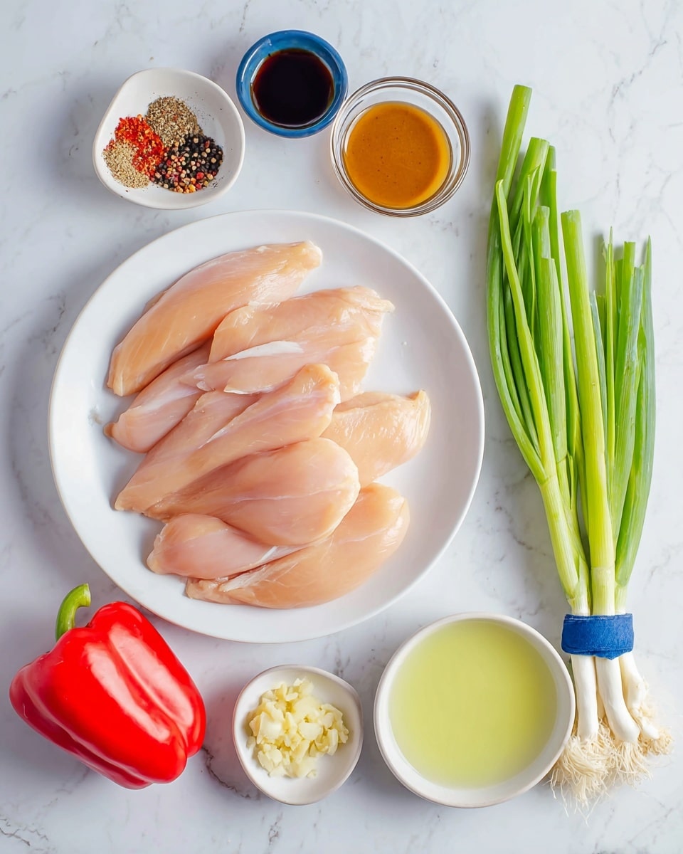 The image shows six raw chicken tenders with a pale pink color arranged on a white plate at the center. To the right of the plate is a bunch of fresh green onions tied with a blue band, their white roots facing down. Below the plate, starting from the left, there is a whole bright red bell pepper, a small white dish with mixed spices including black, red, and green, a small blue bowl filled with a smooth light brown sauce, a clear glass bowl containing a dark sauce, a white bowl with a translucent light green liquid, and another small white dish holding crushed garlic with oil. All items rest on a white marbled surface. photo taken with an iphone --ar 4:5 --v 7