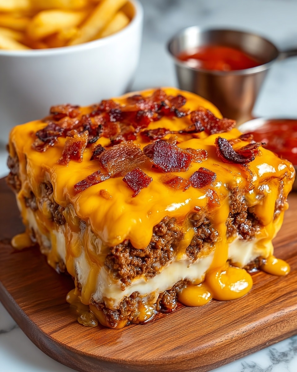 A thick square slice of a three-layered cheesy dish sits on a wooden board. Each layer is rich with ground beef, and between them is a smooth, creamy layer, possibly cheese or sauce. The top layer is fully covered in bright orange melted cheese that drips down the sides in thick, glossy streams. Pieces of crispy bacon are scattered on top, adding red and dark brown contrasts to the cheese. In the background, a white bowl filled with fries and a shiny metal bowl with red sauce can be seen, all placed on a white marbled surface. Photo taken with an iphone --ar 4:5 --v 7