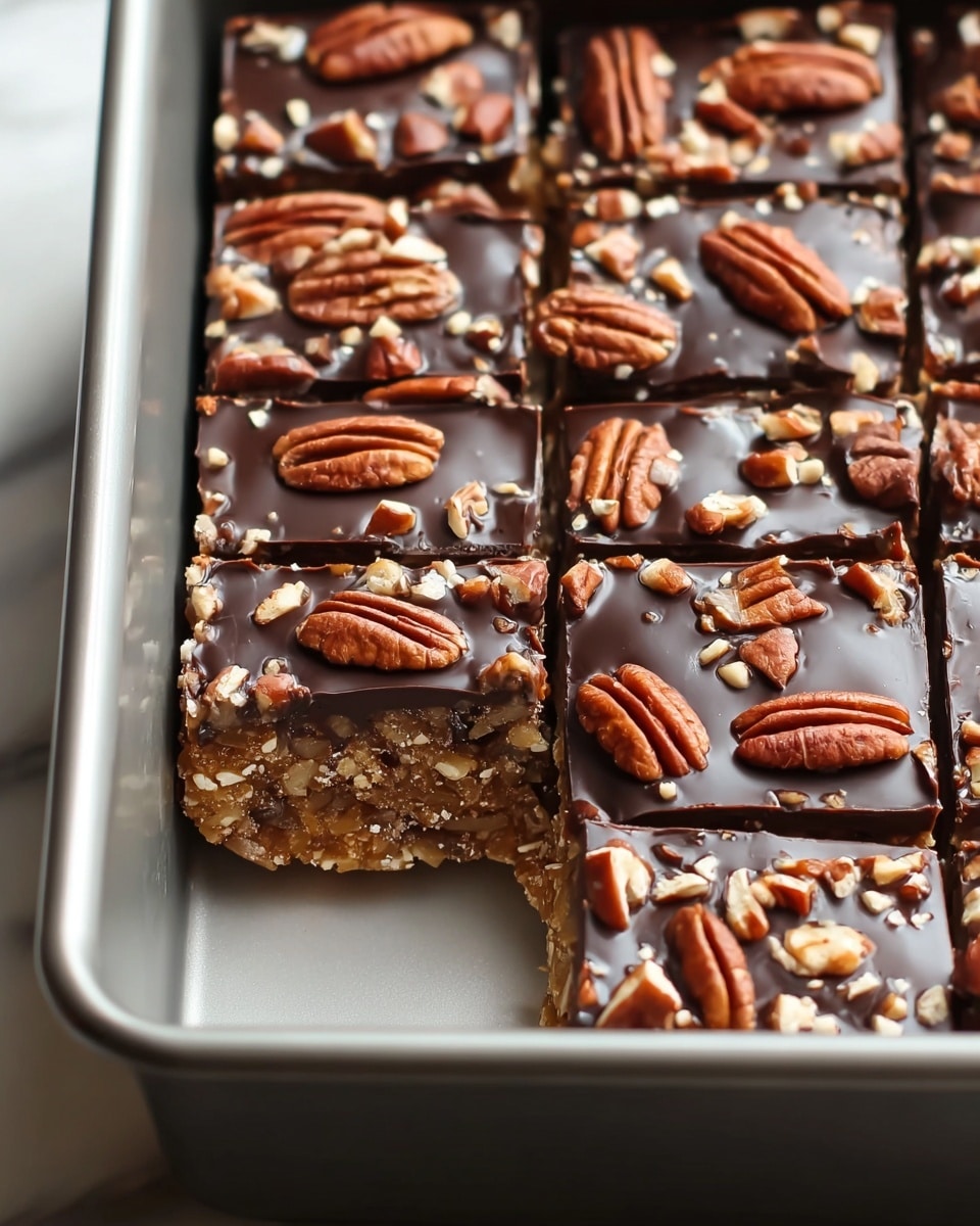 A close-up view of a dessert cut into square pieces in a silver baking pan, showing two clear layers: the bottom layer is a light brown, crumbly and nut-filled base with a slightly rough texture, and the top layer is a smooth, shiny dark chocolate coating sprinkled with whole pecans and small chopped nuts. The pecans are placed neatly on each square, adding a textured, reddish-brown contrast to the glossy dark chocolate. The image background is a white marbled texture. Photo taken with an iphone --ar 4:5 --v 7
