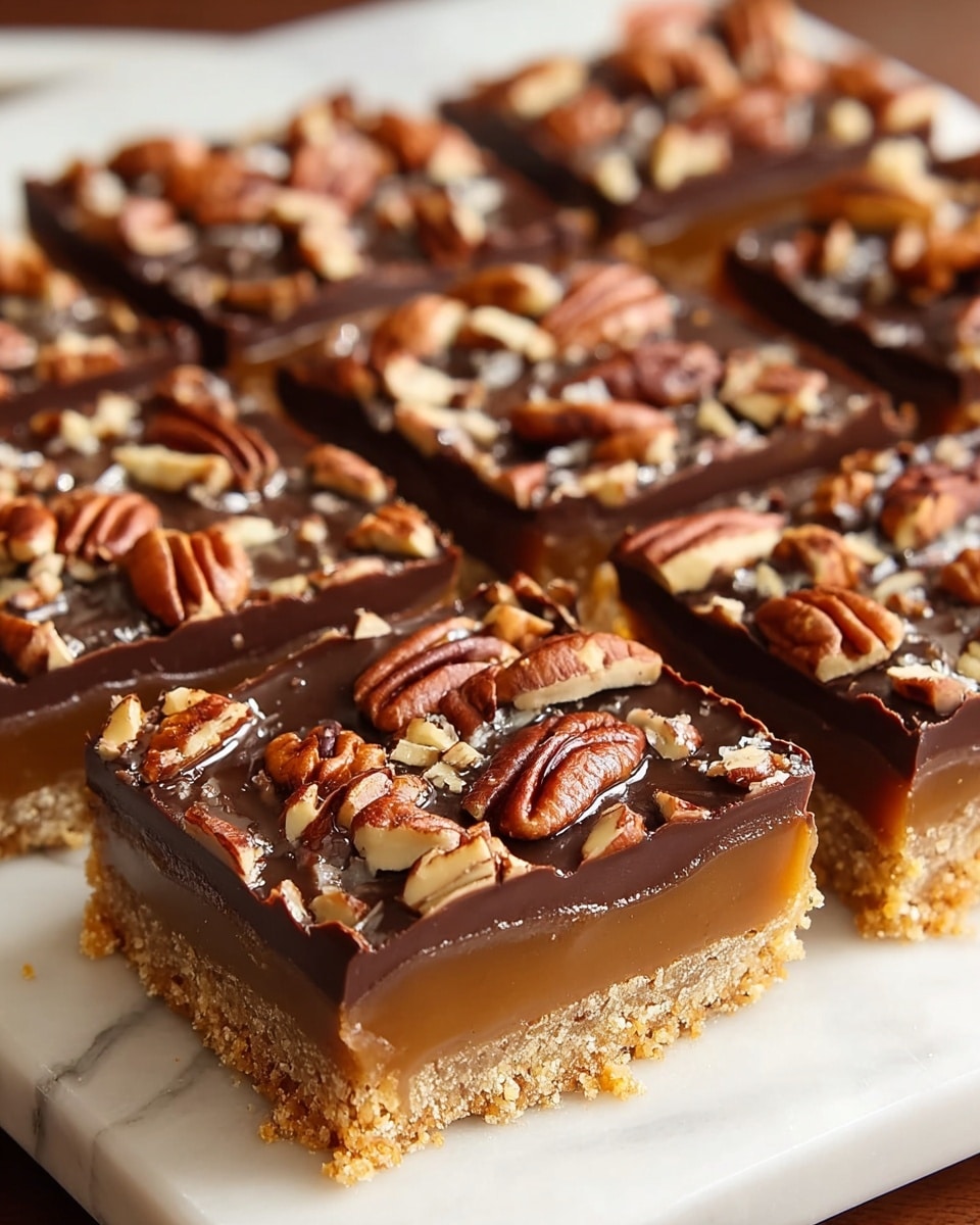 This image shows a tray of square dessert bars cut into equal pieces, each with three clear layers. The bottom layer is crumbly and golden, similar to a biscuit or graham cracker crust. Above that is a smooth, caramel-colored layer with a slightly glossy finish. The top layer is a thick, dark chocolate coating that looks shiny and rich, topped with scattered pecan halves and pieces evenly spread across all the bars. The bars are arranged closely together on a white tray set on a white marbled surface. Photo taken with an iphone --ar 4:5 --v 7