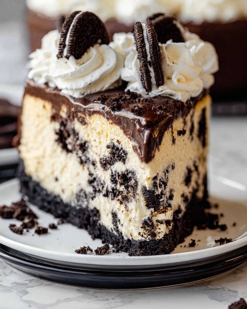 A close-up of a tall slice of layered Oreo cheesecake on a white plate with black rim. The bottom layer is a dark, crumbly Oreo crust. Above it is a thick, pale cream cheese layer mixed with chunks of Oreo cookies, creating dark spots and textures throughout. On top of the cream cheese layer is a smooth, glossy dark chocolate ganache that spreads evenly. The top edge is decorated with fluffy white whipped cream, piped in swirls, with small Oreo cookie pieces and half cookies placed on the cream. Some Oreo crumbs and bits are scattered on the plate around the slice. The scene is set on a white marbled surface. photo taken with an iphone --ar 4:5 --v 7