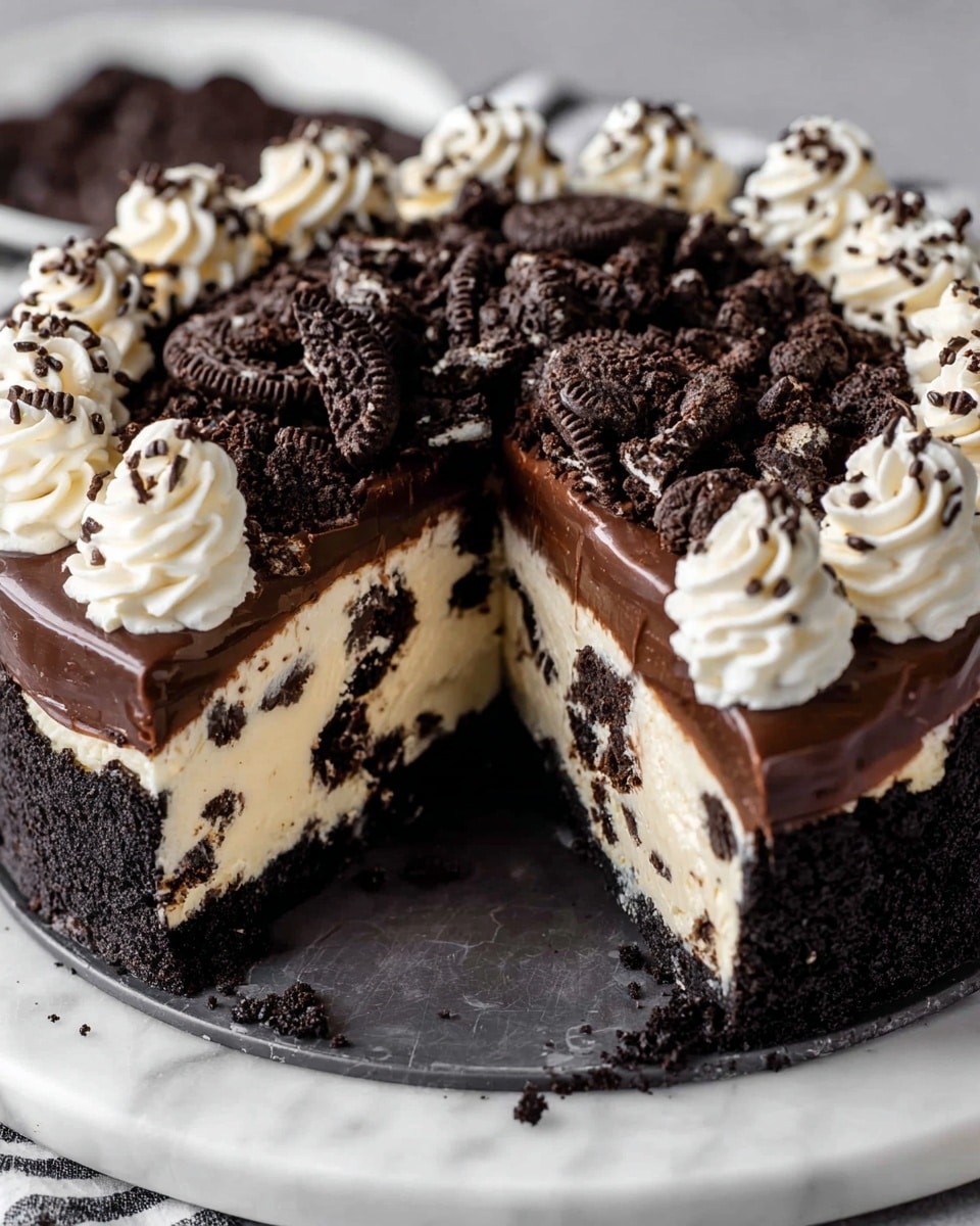 A round chocolate and cream cake with three clear layers is shown on a white marbled surface. The bottom layer is a thick, dark chocolate crumb crust, dark black and rough in texture. The middle layer is a creamy white cheesecake filled with chunks of dark chocolate cookie pieces. On top, there is a thick, shiny dark chocolate ganache layer covered with a pile of crushed dark chocolate cookies. Around the edge of the top is a ring of white whipped cream piped in swirl shapes, sprinkled with small chocolate bits. One large slice is removed, showing the inside layers clearly. Photo taken with an iphone --ar 4:5 --v 7