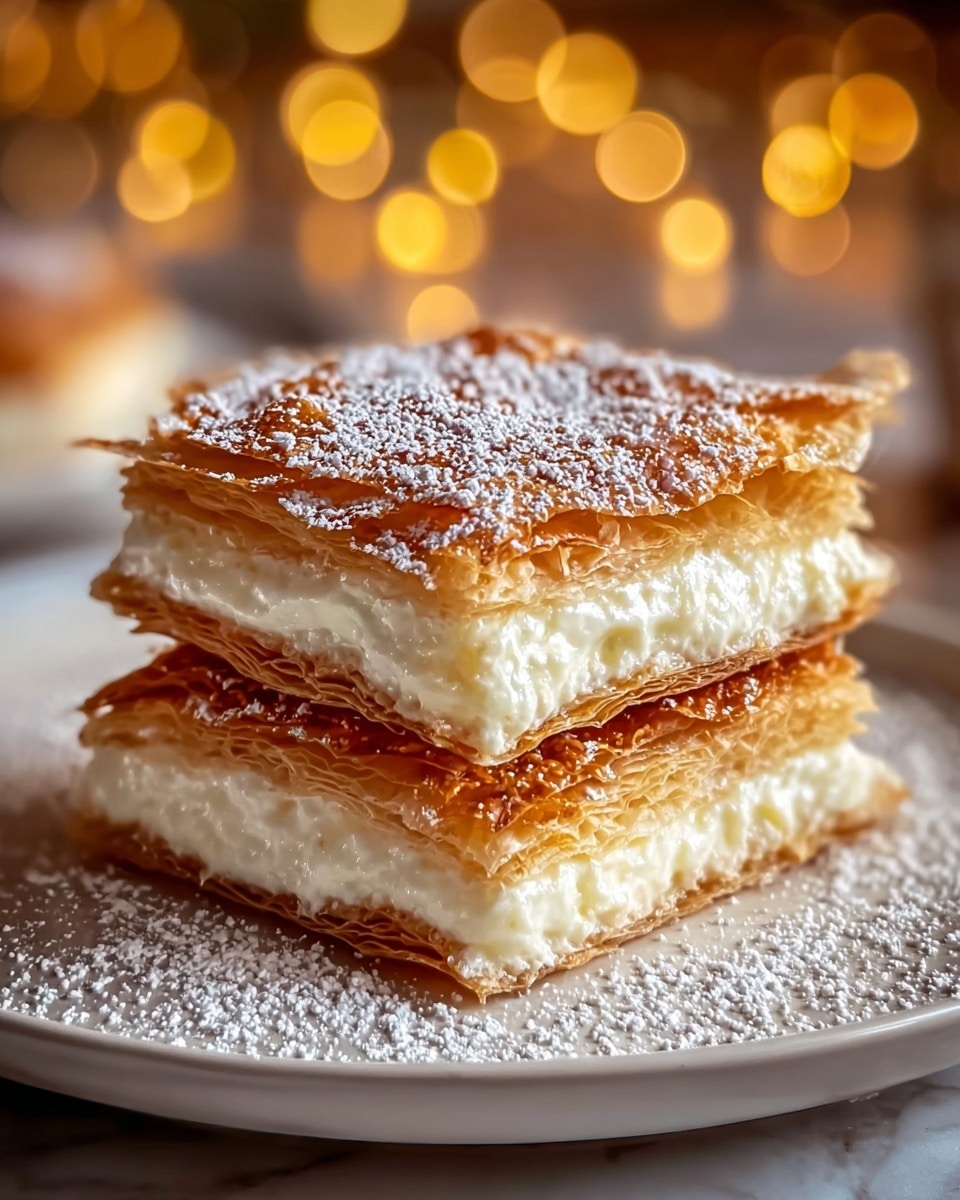 Three square layers of thin, golden-brown flaky pastry are stacked on a white plate, with two thick layers of creamy white filling between them. The top pastry layer is sprinkled with fine white powdered sugar, matching the light dusting around the dessert on the plate. The texture of the pastry looks crispy and slightly shiny, while the filling appears smooth and soft. The plate sits on a white marbled surface with warm, blurred golden lights in the background creating a cozy atmosphere. photo taken with an iphone --ar 4:5 --v 7