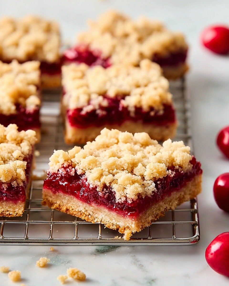 This image shows several square crumb bars on a metal cooling rack placed on a white marbled surface. Each bar has three layers: the bottom layer is a dense, golden-brown crust that looks slightly crumbly, the middle layer is thick, glossy, bright red fruit filling with a shiny texture, and the top layer consists of a coarse, light golden crumb topping with a bumpy, uneven texture. Whole bright red cherries are scattered around on the white marbled surface, adding vibrant color to the scene. The image is bright and clear, with a soft background blur. photo taken with an iphone --ar 4:5 --v 7