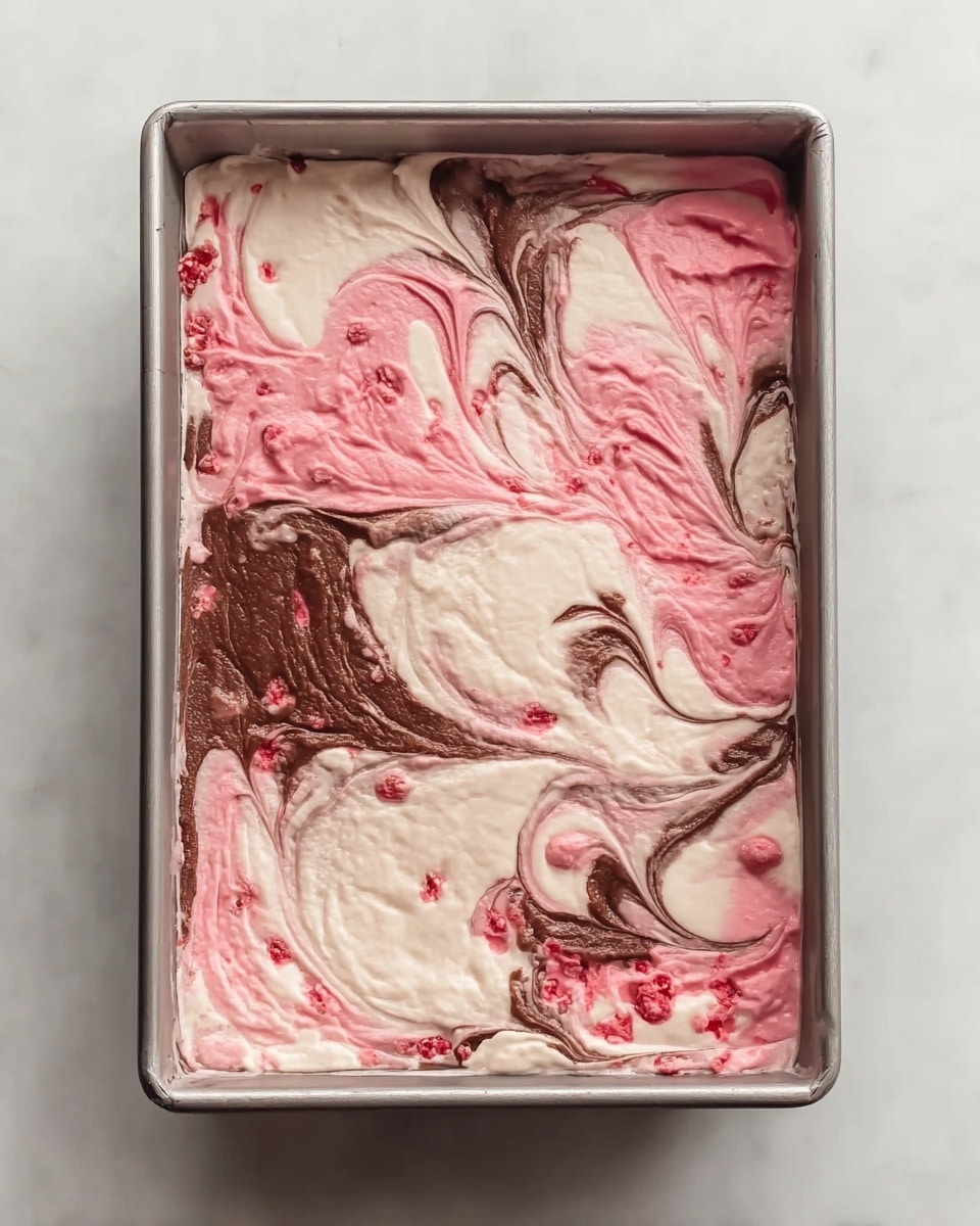 The image shows a rectangular metal baking pan filled with a creamy dessert that has a smooth, swirled texture on top. The dessert has three main colors: light pink, chocolate brown, and white. The white layer is the most abundant, covering most of the surface with a soft, thick texture. Swirls of pink are spread mainly in the top right and bottom left corners with slightly darker red specks scattered through them. The chocolate brown swirls are mixed mainly near the left side and center, creating a marbled effect with the white. The pan rests on a white marbled surface. photo taken with an iphone --ar 4:5 --v 7