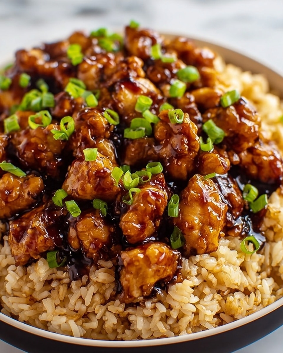 This dish has two main layers served in a white bowl on a white marbled surface. The bottom layer is light brown fried rice with a slightly oily, grainy texture. On top, there are small pieces of glossy, dark brown glazed chicken evenly spread, with a shiny appearance showing sticky sauce. The chicken is garnished with small chopped green onions, adding a fresh green color contrast. Photo taken with an iphone --ar 4:5 --v 7