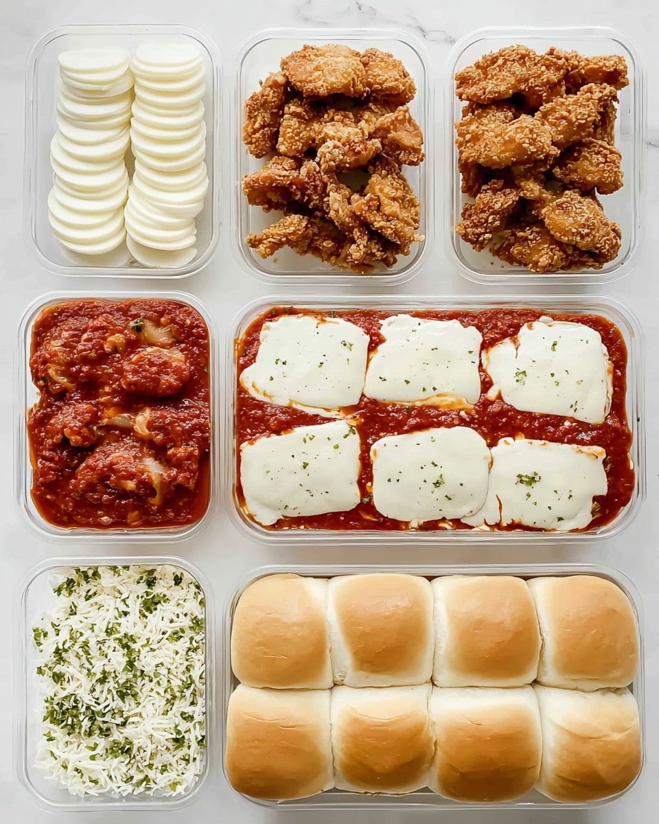 The image shows six white rectangular containers arranged in two rows of three on a white marbled texture. The first container has one layer of neatly arranged round, thin, white slices forming a flat base. The second has a layer of golden brown fried chicken pieces on top of the white slices. The third container shows the fried chicken covered with a thick layer of rich red tomato sauce. The fourth container has thick slices of white cheese placed evenly on top of the sauce. The fifth container has finely chopped green herbs sprinkled over the cheese, adding small green dots. The sixth container is topped with twelve soft, light brown sandwich rolls covering the entire dish. photo taken with an iphone --ar 4:5 --v 7