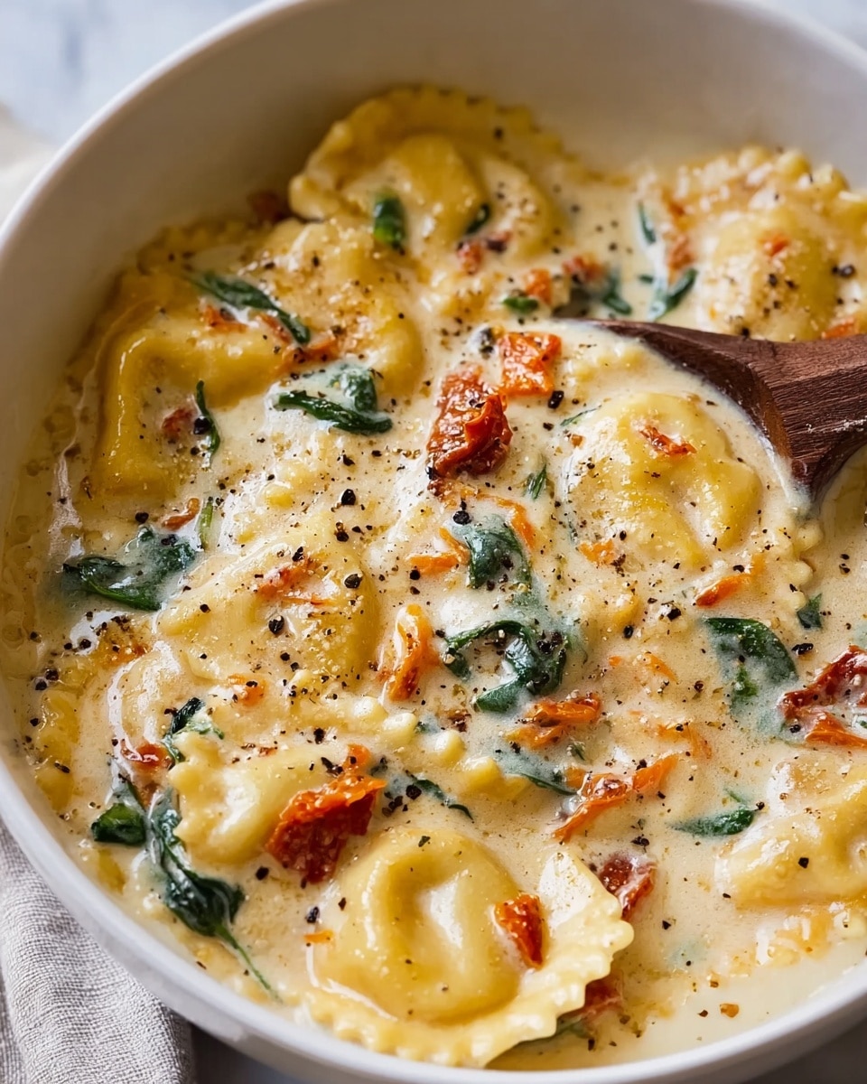 The image shows a close-up of a creamy ravioli dish in a white bowl on a white marbled background. The dish has one main layer: ravioli pasta filled with cheese, visible through its soft, yellow edges with crimped borders. The ravioli is covered in a thick, light cream sauce with bits of orange sun-dried tomatoes and small green spinach leaves mixed throughout. The cream sauce has a smooth texture with a sprinkling of coarse black pepper scattered on top. A wooden spoon is partially visible, with a woman's hand holding it at the edge of the bowl. photo taken with an iphone --ar 4:5 --v 7