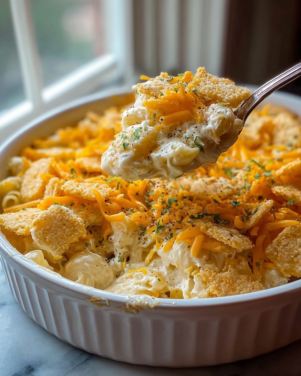 A white round baking dish is filled with a creamy macaroni and cheese casserole topped with pieces of crunchy pale yellow crackers, shredded bright orange cheddar cheese, and a sprinkle of green herbs and black pepper for garnish. The dish shows three visible layers: a bottom layer of soft creamy macaroni pasta, a middle layer mixed with melted white cheese, and a top layer of cheese and crackers giving a rough, textured look. A silver spoon holds up a portion of the casserole, showing the thick creamy texture with bits of crackers and cheese on top. The dish sits on a white marbled surface near a window with soft natural light. Photo taken with an iphone --ar 4:5 --v 7