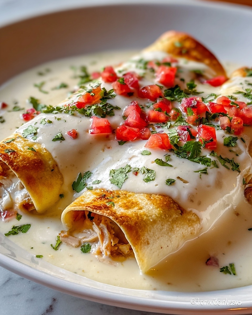 The dish features two rolled enchiladas placed side by side on a white plate, each wrapped in a golden, slightly browned tortilla shell. They are covered with a thick, creamy white sauce that glistens with a smooth texture. On top, there are small, bright red pieces of diced tomato and fresh green cilantro leaves scattered evenly, adding a fresh contrast in color. The creamy white sauce slightly pools around the edges of the enchiladas, and the filling inside the tortillas appears to be a mixture of light-colored shredded meat or chicken. The background is a white marbled surface with soft natural light. photo taken with an iphone --ar 4:5 --v 7