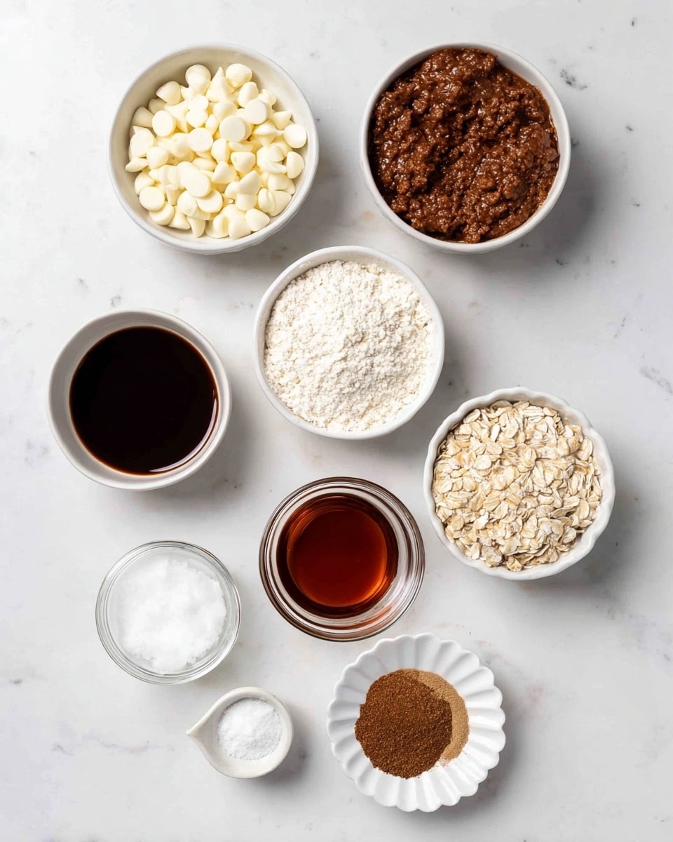 The image shows eight small white bowls arranged on a white marbled surface. One bowl contains a dark brown liquid, another has a thicker medium brown mixture with small lumps. There is a bowl filled with smooth white chocolate chips, another with white flour that looks powdery. Rolled oats fill one bowl, showing their light tan color and rough texture. A small clear bowl holds solid white coconut oil, and another clear bowl has a dark amber liquid. A small white scalloped dish contains brown spices in powder form. The bowls are spaced evenly, and the image is brightly lit to highlight the colors and textures of the ingredients. photo taken with an iphone --ar 4:5 --v 7