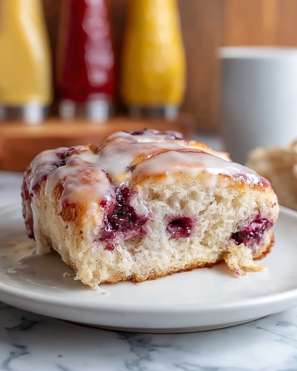 A close-up of a single cinnamon roll slice on a white plate, showing two visible layers: the soft, light beige bread with a slightly fluffy texture and embedded dark red berry-like filling pockets, topped with a thin layer of glossy white glaze that drips slightly over the edges, giving it a shiny look. The background is a blurred wooden surface with faint mustard and ketchup bottles, all set on a white marbled texture. photo taken with an iphone --ar 4:5 --v 7