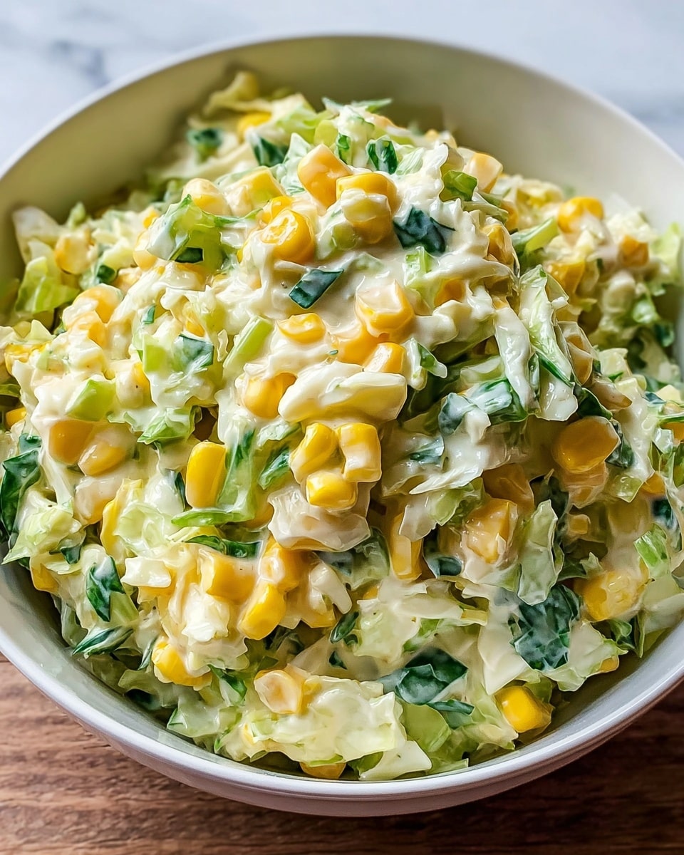 A close-up view of a creamy salad served in a white bowl, showing a mix of small, soft yellow corn kernels, chopped green leafy pieces, and shredded pale cabbage-like vegetables all mixed together in a thick, white sauce. The texture looks moist and chunky with visible layers of the different vegetables blending evenly in the creamy mixture. The bowl rests on a white marbled surface, adding a clean and bright background to the dish. photo taken with an iphone --ar 4:5 --v 7