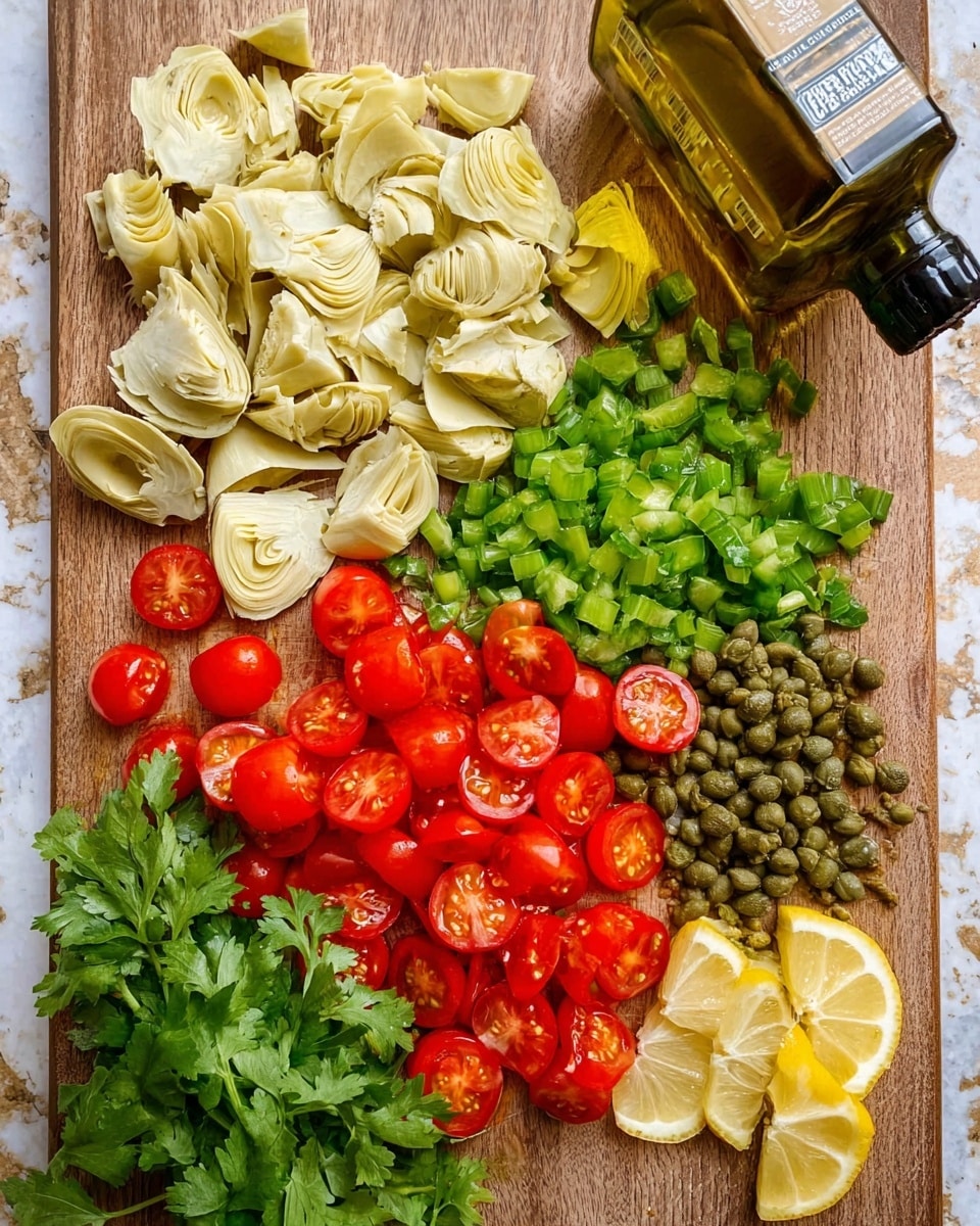 A wooden board with an olive oil bottle near the center top, surrounded by chopped ingredients arranged in groups: bright green chopped scallions at the top right, pale yellow cut artichokes in the middle, a bunch of fresh green cilantro leaves to the bottom right, bright red halved cherry tomatoes in the bottom left quadrant, small green capers near the top left, and two lemon wedges on the far left. The white marbled texture background is partly visible around the edges. photo taken with an iphone --ar 4:5 --v 7