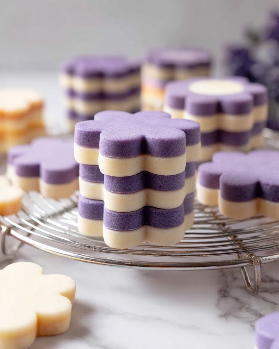The image shows a stack of flower-shaped cookies with three visible layers, sitting on a round metal cooling rack above a white marbled surface. The top and bottom layers are a soft purple color with a smooth texture, while the middle layer is a cream color, also smooth and even. Around the stack, there are additional cookies scattered, some standing and some lying flat, showing the same three layers with clean edges. The background is softly blurred, keeping the focus on the cookies. photo taken with an iphone --ar 4:5 --v 7