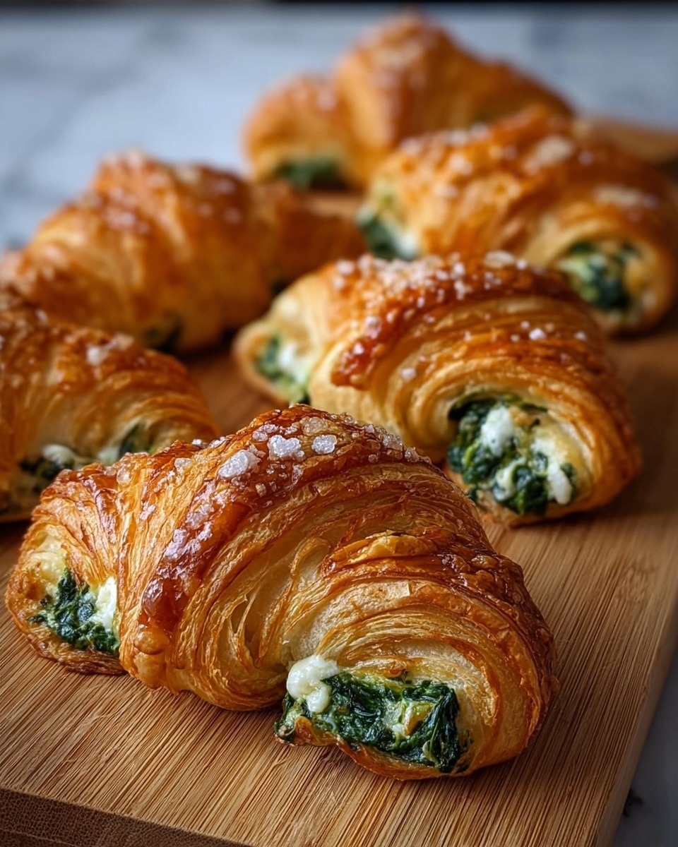 The image shows several golden-brown puff pastries arranged on a wooden board with layers of flaky, crispy dough visible. Each pastry is shaped like a crescent roll, filled with a vibrant dark green spinach mixture and chunks of soft white cheese that peek through the folds. The tops of the pastries have a shiny glaze and are sprinkled with coarse salt, adding texture. The background is blurred with a white marbled texture surface beneath the board, emphasizing the rich colors and detailed layers of the pastries. photo taken with an iphone --ar 4:5 --v 7