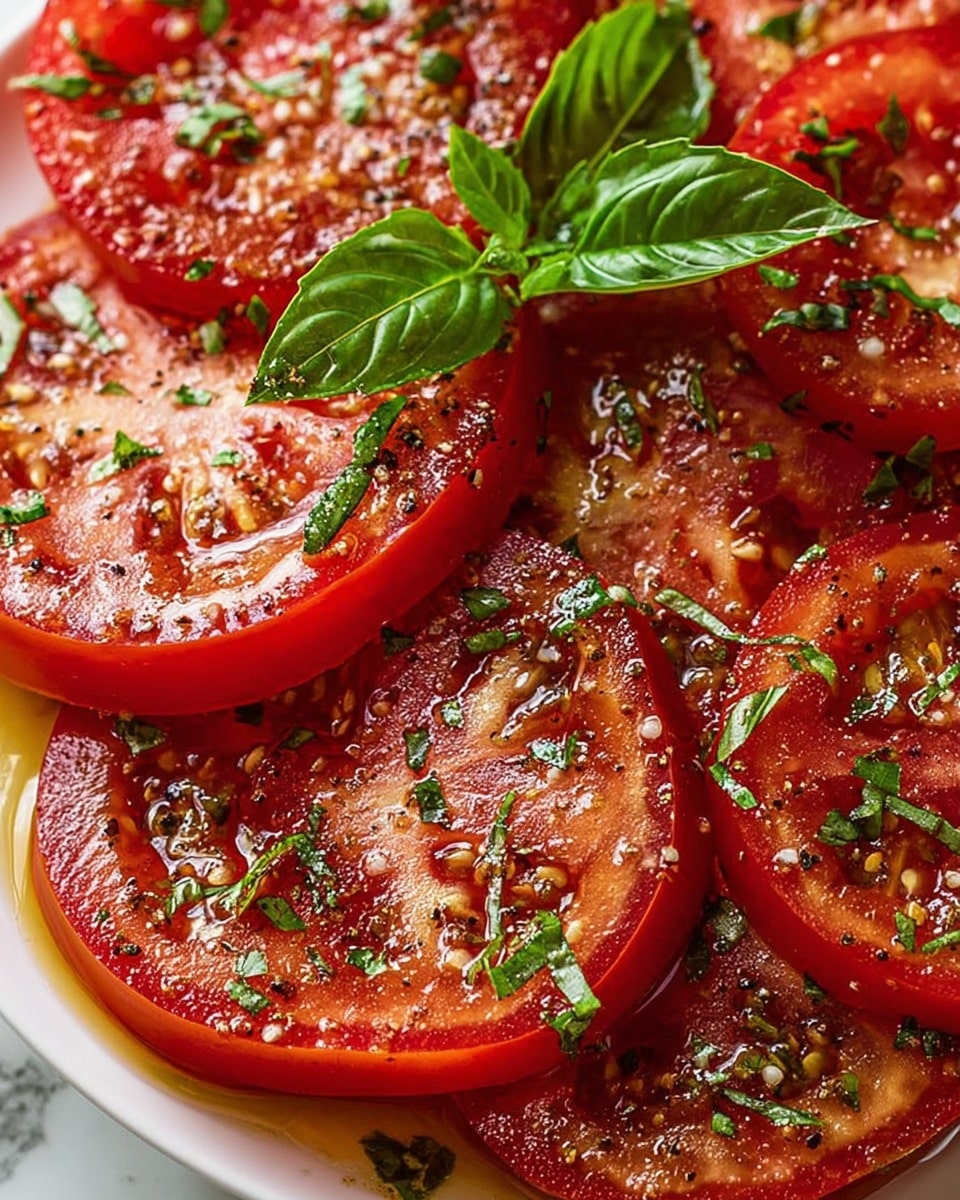 The image shows a close-up of thick tomato slices layered on a white plate with a white marbled texture underneath. The rich red tomato slices each have a glossy, wet look from a drizzle of olive oil, and are sprinkled generously with finely chopped green herbs, mostly basil. Small black pepper flakes add texture and a speckled contrast across the tomatoes. At the center, two bright green basil leaves rest on top, adding freshness. The detailed surface of each tomato slice highlights the seeds and translucent flesh inside, creating a vibrant, fresh presentation. photo taken with an iphone --ar 4:5 --v 7