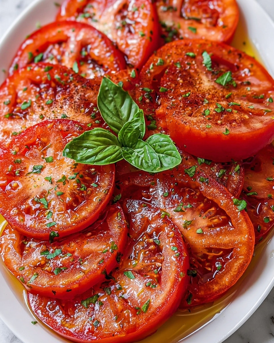 The image shows multiple fresh red tomato slices arranged in close layers on a white plate, each slice glossy with a light drizzle of olive oil that reflects light. The tomato slices have a juicy texture with visible seeds and a mix of darker and lighter red tones. Finely chopped green herbs are sprinkled over the slices, and two small bright green basil leaves sit on top, adding contrast. The plate rests on a white marbled surface, enhancing the fresh and clean look. Photo taken with an iphone --ar 4:5 --v 7