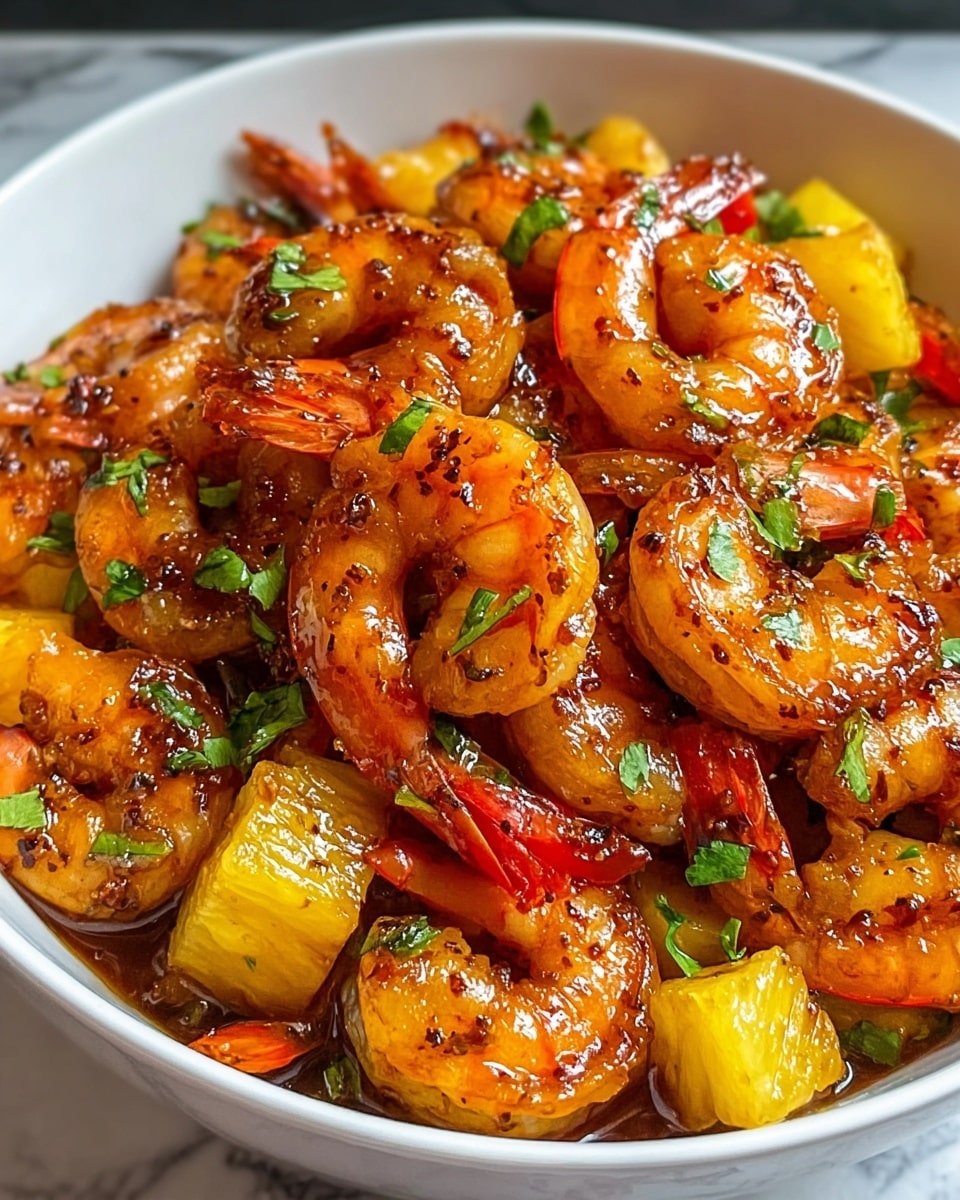 A close-up view of a white bowl filled with cooked shrimp and pineapple pieces. The shrimp are layered on top, showing a shiny orange and pink color with a slightly charred texture, coated in a glistening sauce with visible seasonings. Below and mixed among the shrimp are chunks of bright yellow pineapple and small green herb pieces scattered over the dish. The bowl sits on a white marbled surface with the background softly blurred. photo taken with an iphone --ar 4:5 --v 7