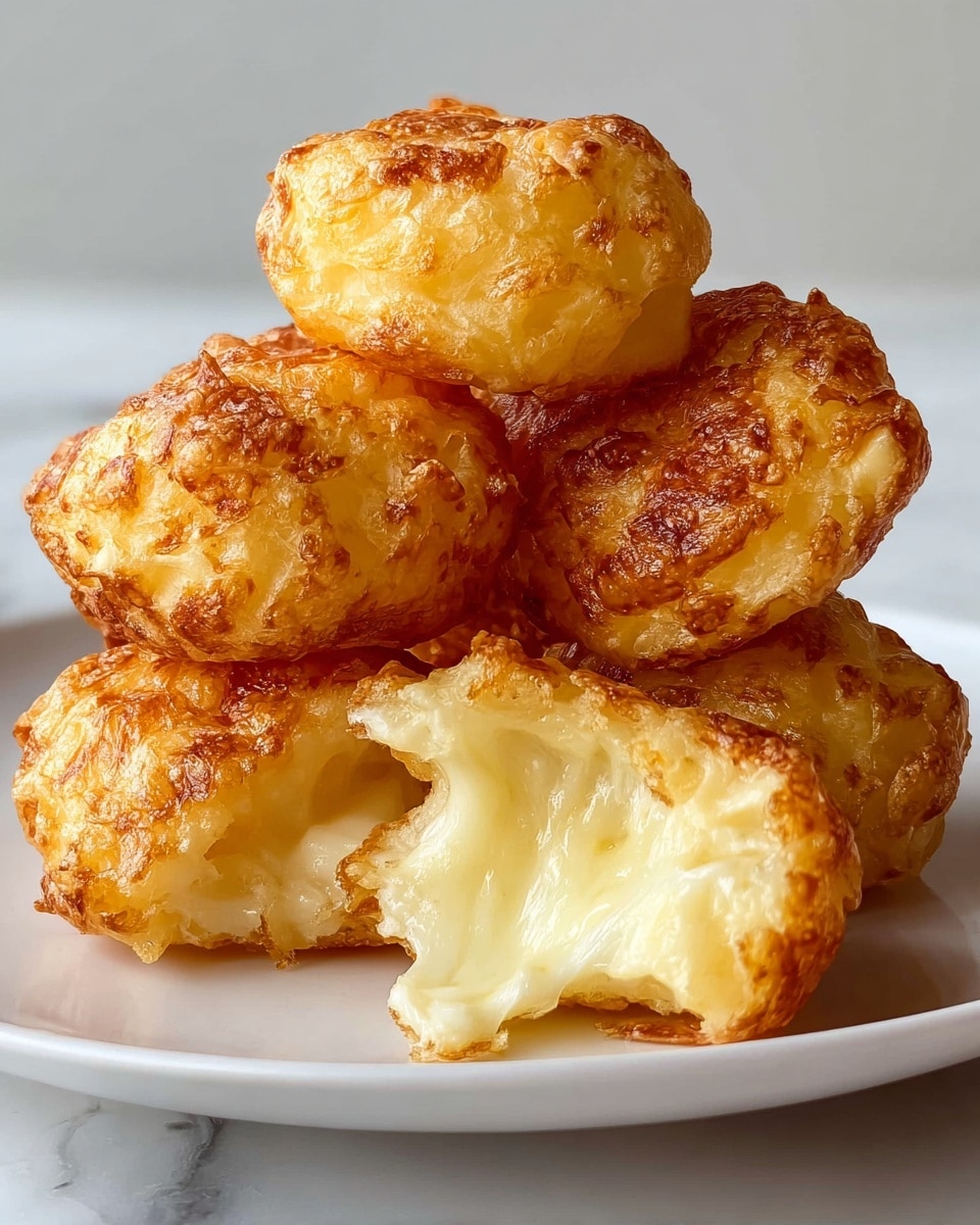 The image shows five golden-brown cheese puffs stacked on a white plate, placed on a white marbled surface. The cheese puffs have a crispy and slightly rough texture on the outside with a warm, shiny appearance from the melted cheese. One cheese puff is broken open in the front, revealing a gooey, stretchy white cheese filling inside. The colors mostly range from light golden yellow to deeper brown spots where the cheese is cooked. Photo taken with an iphone --ar 4:5 --v 7