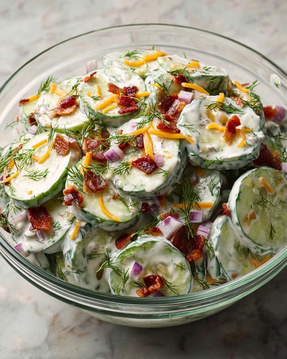 A clear glass bowl filled with a creamy cucumber salad sits on a white marbled surface. The salad has thick round slices of green cucumber coated with a white, thick dressing speckled with fresh green dill leaves. There are small, bright orange shredded cheese pieces scattered on top, along with crisp reddish-brown bacon bits. Purple diced onions and small cherry tomato halves add pops of color throughout the salad. Fresh dill sprigs garnish the dish, adding green texture and contrast to the creamy layers. photo taken with an iphone --ar 4:5 --v 7