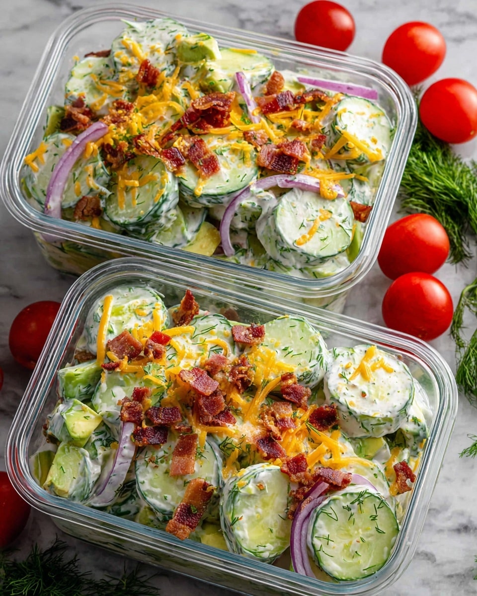 Two clear rectangular containers filled with a creamy cucumber salad on a white marbled surface. The salad has multiple layers: thick green cucumber slices coated in a white creamy dressing with fresh green dill mixed throughout. Light purple thin onion slices are scattered on top and amid the cucumbers. Small, reddish-brown crispy bacon bits and sprinkled bright orange shredded cheese add a crunchy and colorful texture on the upper layers. Some chunks of avocado with light green skin peek through. The containers are placed side by side with a few ripe red cherry tomatoes and fresh dill sprigs nearby. Photo taken with an iphone --ar 4:5 --v 7