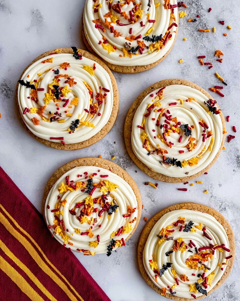 Five round cookies each have one thick layer of smooth white cream swirled on top in a tight spiral. The cookies are light brown and have a slightly cracked texture. On top of the cream, there are small colorful sprinkles in red, yellow, black, and orange, some shaped like bats and leaves. The cookies rest on a white marbled surface with a red and yellow striped cloth placed underneath some of them. The photo taken with an iphone --ar 4:5 --v 7