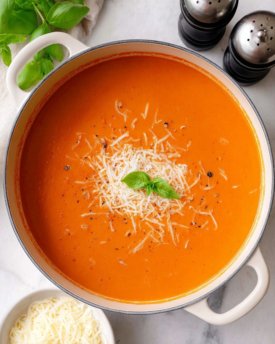 A large white pot filled with smooth, creamy orange tomato soup topped with a light sprinkling of shredded white cheese and a few small green basil leaves near the center; there are small black pepper specks scattered over the cheese. The pot is sitting on a white marbled surface with a small white bowl of shredded cheese below the pot, and fresh green basil leaves visible in the top left corner. Two black and silver pepper grinders are placed on the right side near the pot. Photo taken with an iphone --ar 4:5 --v 7