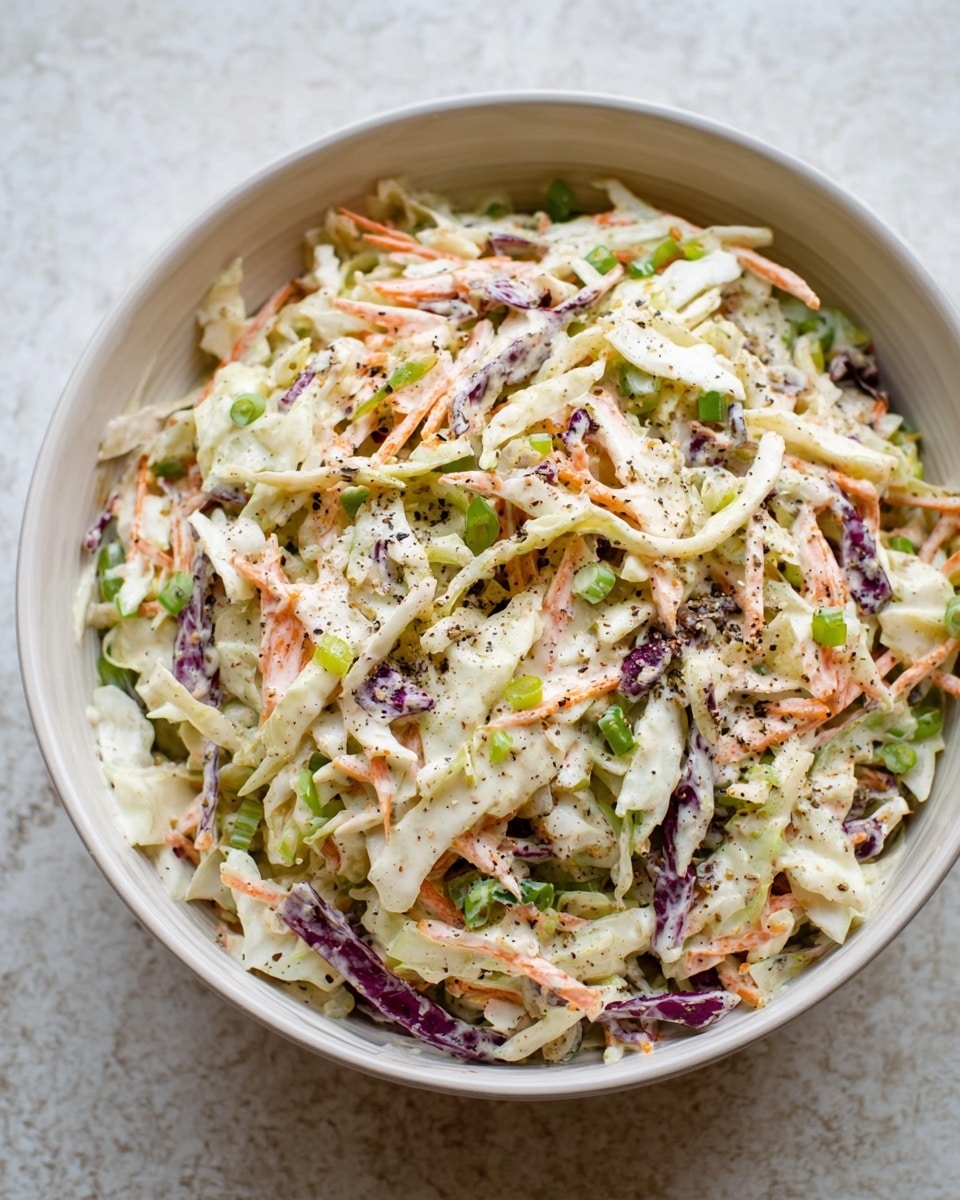 A large white bowl is filled with a creamy coleslaw salad showing thinly sliced white cabbage as the main layer, mixed with thin strips of orange carrot and small pieces of purple cabbage scattered evenly throughout. Bright green chopped scallions are mixed in, adding specks of fresh color. The creamy dressing coats all the ingredients, giving a smooth texture with some black pepper sprinkled on top for contrast. The bowl sits on a white marbled texture surface. photo taken with an iphone --ar 4:5 --v 7