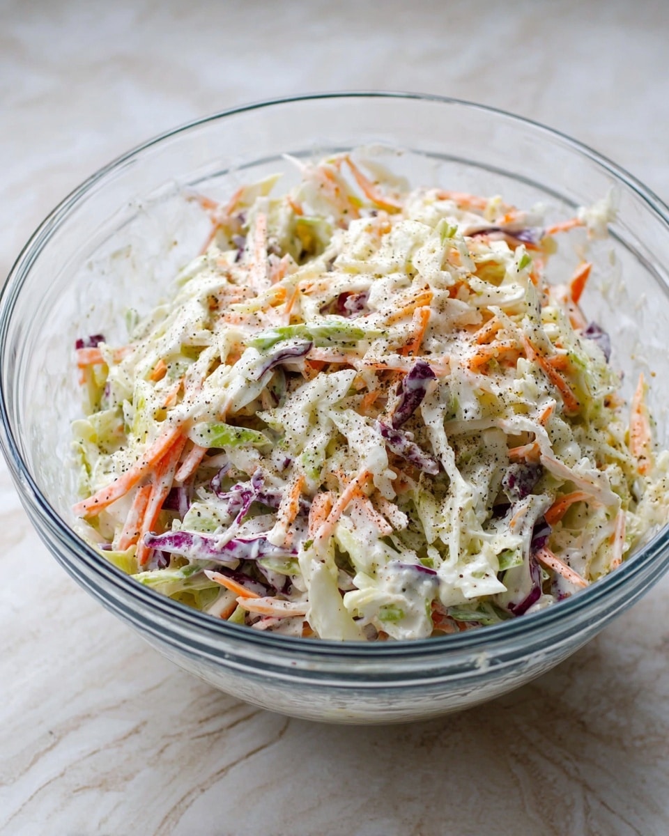 A clear glass bowl filled with a coleslaw mixture showing multiple layers of thinly shredded white and purple cabbage, light green celery, and orange carrot strips blended with a creamy white dressing, topped with a sprinkle of ground black pepper; the bowl is placed on a white marbled surface. photo taken with an iphone --ar 4:5 --v 7