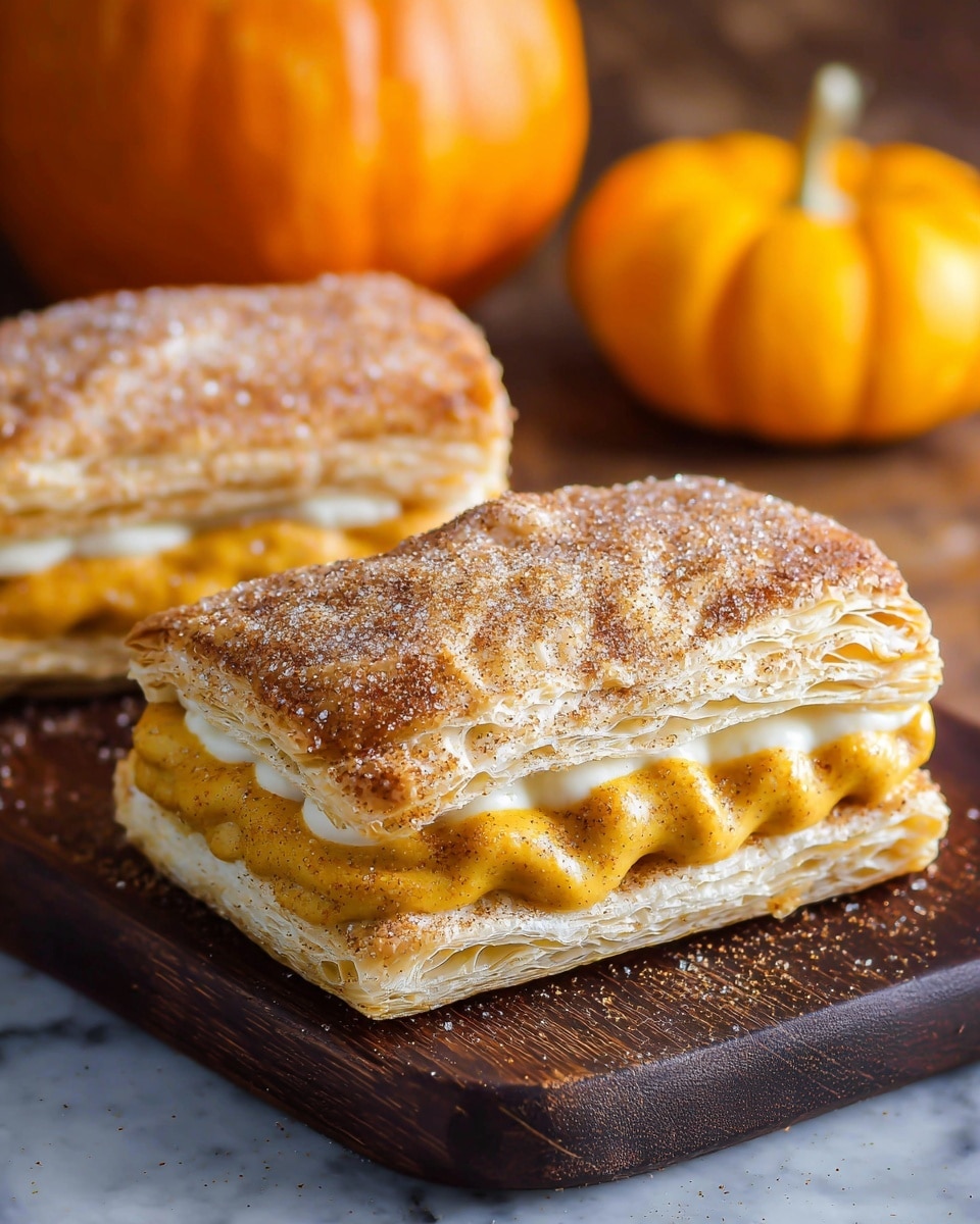 Two rectangular puff pastry sandwiches are placed on a dark wooden surface, each with a golden brown top layer sprinkled with coarse sugar and cinnamon, showing a textured, flaky crust. Inside, a thick layer of smooth, orange pumpkin cream filling with a piped wave pattern peeks out between the top and bottom pastry layers, which are light and airy with visible layers. In the background, two small bright orange pumpkins add a warm autumn feel. The whole scene is set against a white marbled texture. photo taken with an iphone --ar 4:5 --v 7