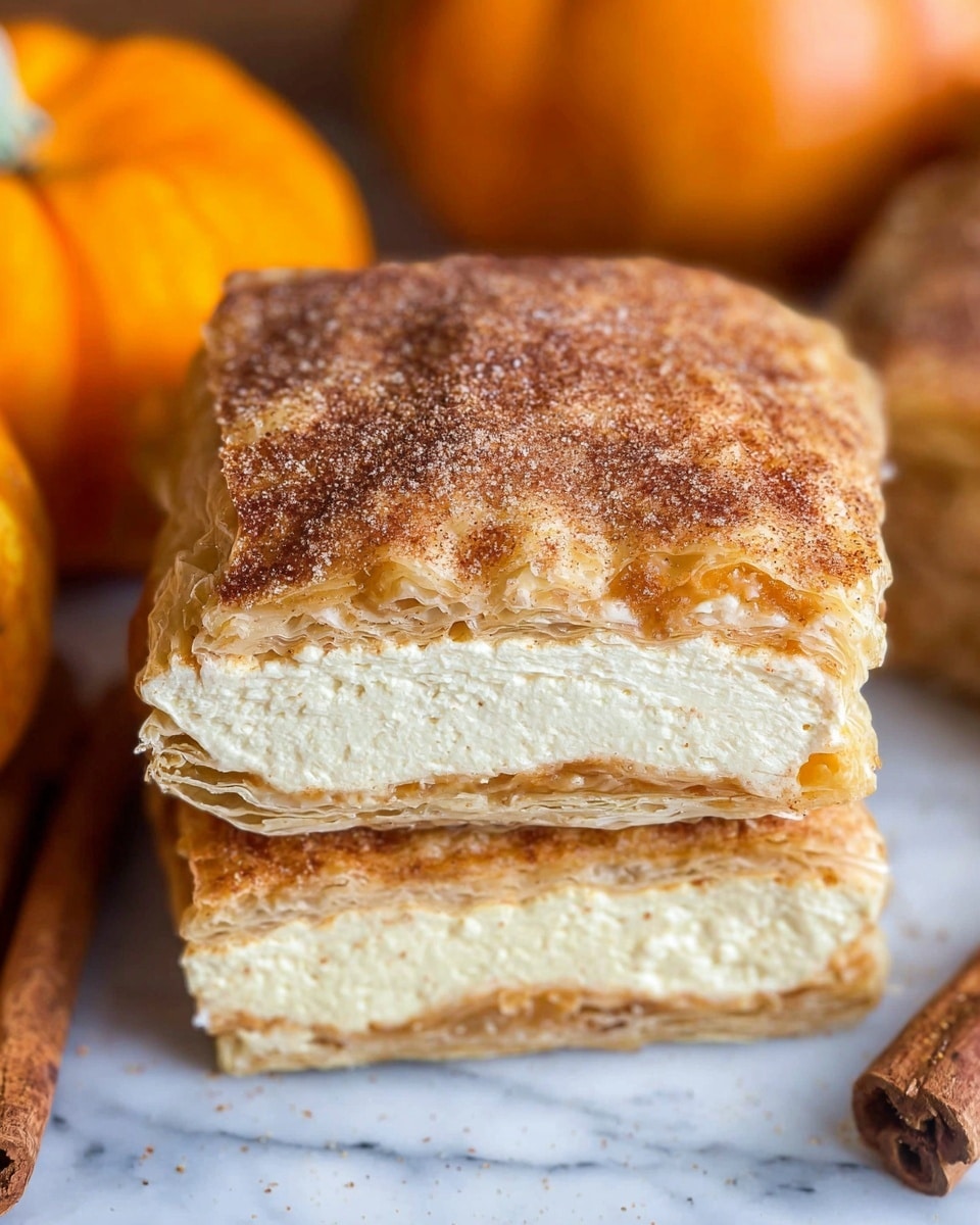 The image shows a close-up of a flaky pastry square with three clear layers: the top and bottom layers are crispy and golden-brown with visible flakes, and the middle layer is thick, creamy, and light beige in color, suggesting a smooth filling. The surface of the top layer is sprinkled with fine cinnamon or sugar grains, adding texture. The pastry is placed on a white marbled surface with small pumpkins and cinnamon sticks softly blurred in the background, enhancing the autumn feel. Photo taken with an iphone --ar 4:5 --v 7