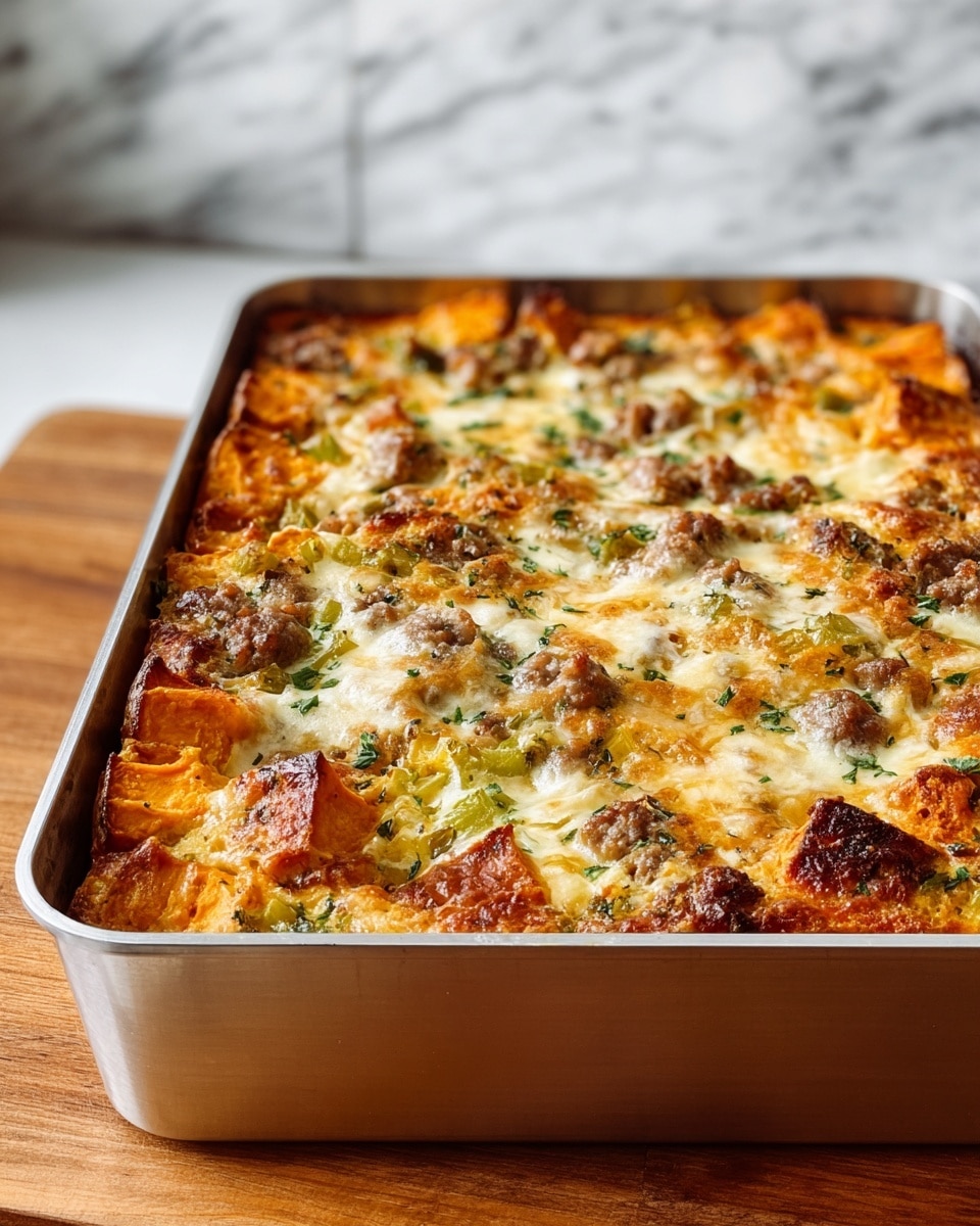 A rectangular metal baking dish filled with a baked casserole that has three visible layers: a bottom layer of golden-brown roasted cubes of sweet potato, a middle layer of creamy, melted cheese mixed with small sausage pieces, and a top layer speckled with herbs and slightly browned cheese, showing an uneven, bubbly texture. The casserole surface shows patches of light green from cooked vegetables, possibly peppers, and browned bits that add crispness. The dish is placed on a wooden surface with a white marbled background blur behind. photo taken with an iphone --ar 4:5 --v 7