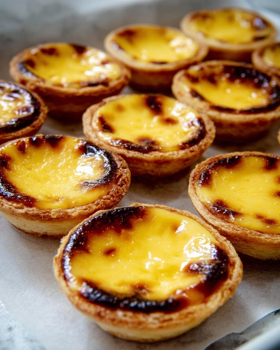 The image shows a close-up of several small egg tarts arranged on a baking tray lined with white parchment paper. Each tart has a golden yellow custard filling with a glossy surface and some dark caramelized spots on top, showing a slightly burnt texture. The crust is thin and flaky, with a light brown color that contrasts with the smooth filling. The tarts are round and uniform in size, placed close together in rows. The background is a white marbled texture, adding a clean and simple look to the scene. Photo taken with an iphone --ar 4:5 --v 7