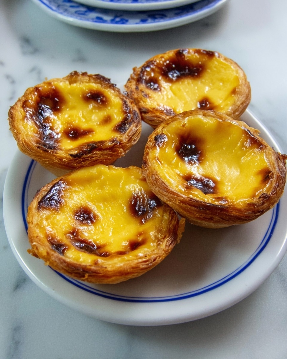 The image shows four pastel de nata (Portuguese egg tarts) arranged closely on a white plate with a thin blue line near its edge. Each tart is made of flaky golden brown pastry with a slightly crispy, uneven edge, filled with a creamy yellow custard that has caramelized dark brown spots on the top, giving a glossy and slightly burnt look. The background is a smooth white marbled surface, and there are parts of other white plates with blue patterns visible at the edges of the image. Photo taken with an iphone --ar 4:5 --v 7