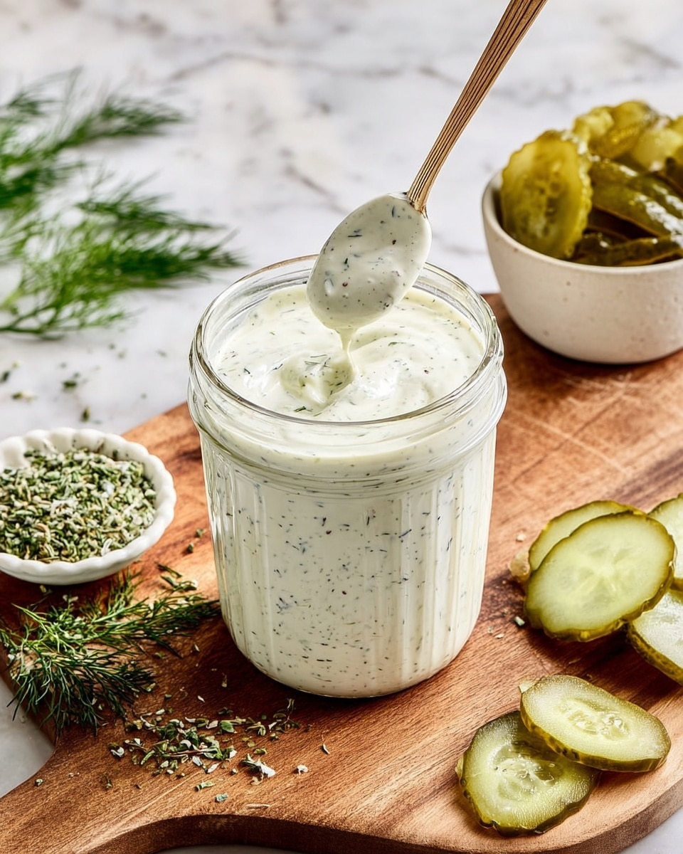 A clear glass jar filled with creamy white sauce speckled with black and green herbs, with a spoon dipped inside lifting some of the sauce. The jar is placed on a wooden cutting board with a small white bowl holding dried green herbs on the left, fresh green dill sprigs near the top left, and a small white bowl filled with crinkled slices of light green pickles on the right. There are a few pickle slices resting directly on the cutting board. The background is a white marbled texture. photo taken with an iphone --ar 4:5 --v 7