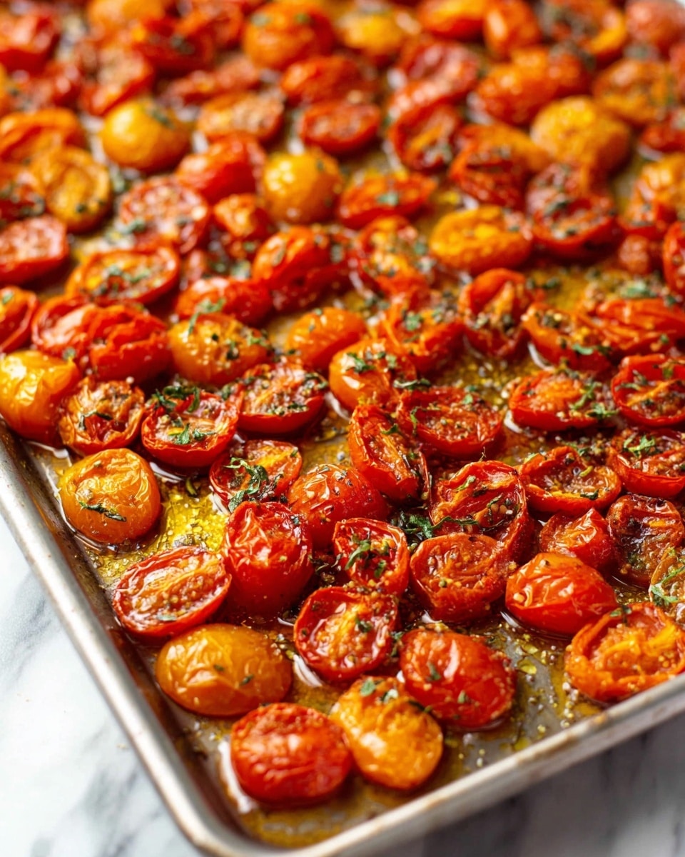 A close-up view of a silver baking tray filled with many halves of roasted cherry tomatoes. The tomatoes are bright red and orange, with soft, wrinkled skins and juicy interiors. They are covered with small green herbs and glistening with a glossy layer of olive oil and seasoning, pooling slightly around the tomatoes. The tray rests on a white marbled surface, adding a clean and fresh look to the scene. photo taken with an iphone --ar 4:5 --v 7