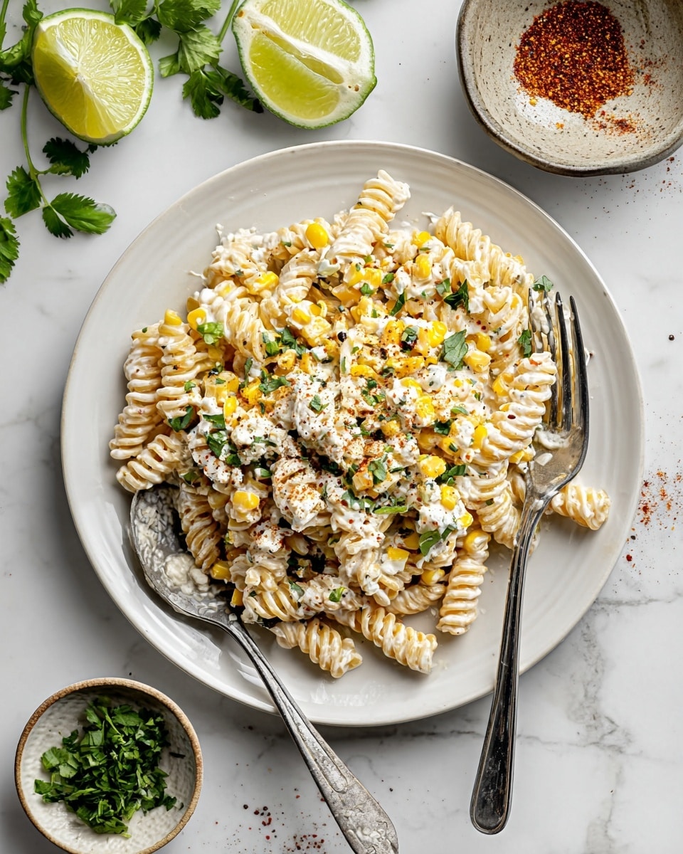 A white plate holds a creamy pasta salad with spiral rotini noodles coated in a light white sauce. On top of the noodles, there is a mix of yellow corn kernels and crumbled white cheese, sprinkled with finely chopped green herbs and a dusting of red chili powder. Two lime wedges rest on the side, one at the top and one near the bottom right of the plate. A silver fork is on the left side of the plate and a silver spoon on the right side, both partly placed on the pasta. The plate sits on a white marbled surface, with small bowls containing seasoning and chopped greens nearby. Photo taken with an iphone --ar 4:5 --v 7