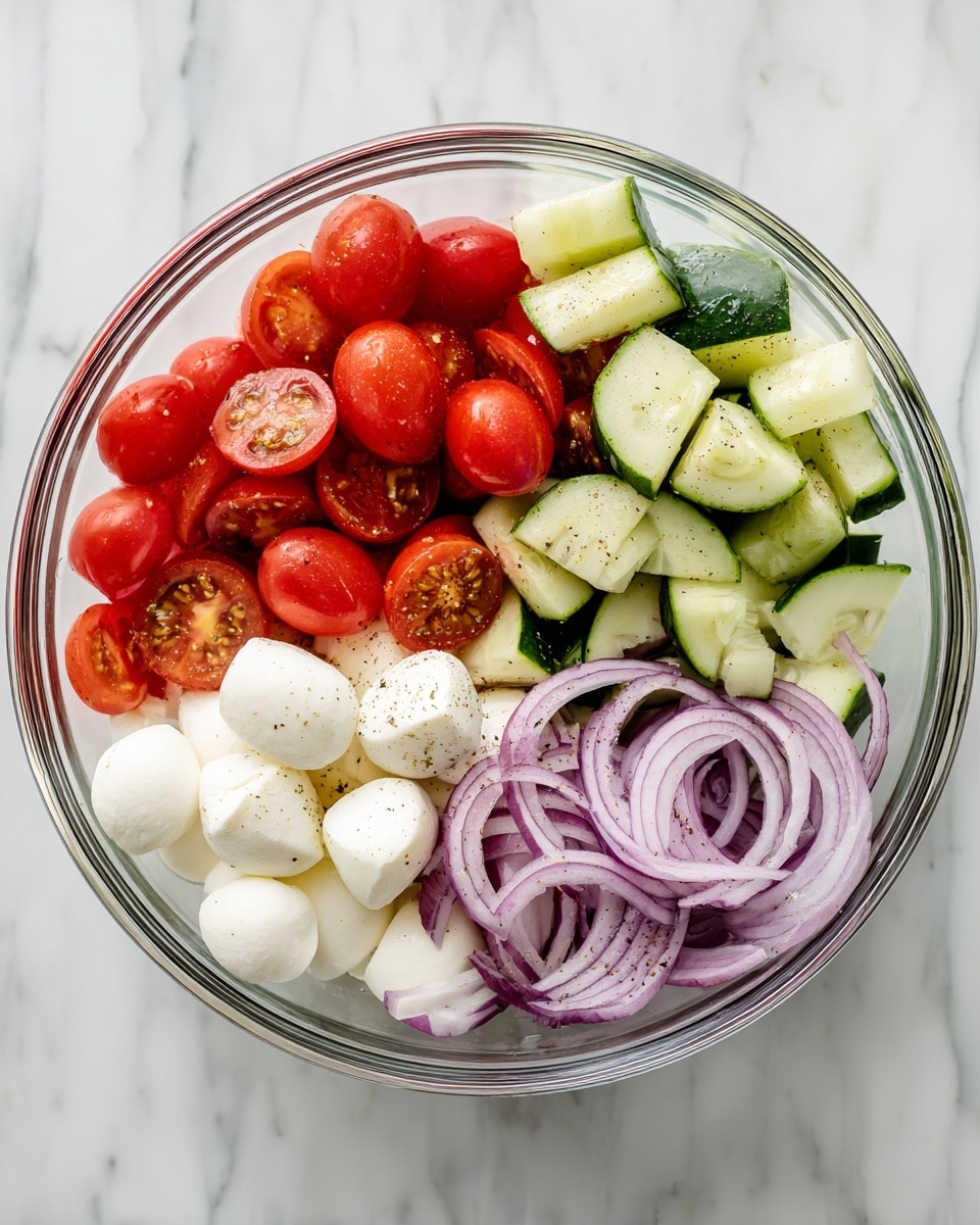 A clear glass bowl sits on a white marbled surface, filled with four distinct layers of fresh ingredients. On the top left, bright red cherry tomatoes, some sliced in half, show their juicy interior. To their right, chunky cucumber slices with dark green skin and pale green flesh form the second layer. Below the tomatoes, smooth white mozzarella balls add a soft texture. Finally, thin, curly slices of purple-red onion complete the bowl on the bottom right. Each ingredient remains separate, showing off bright and natural colors with a light sprinkle of seasoning visible. Photo taken with an iphone --ar 4:5 --v 7