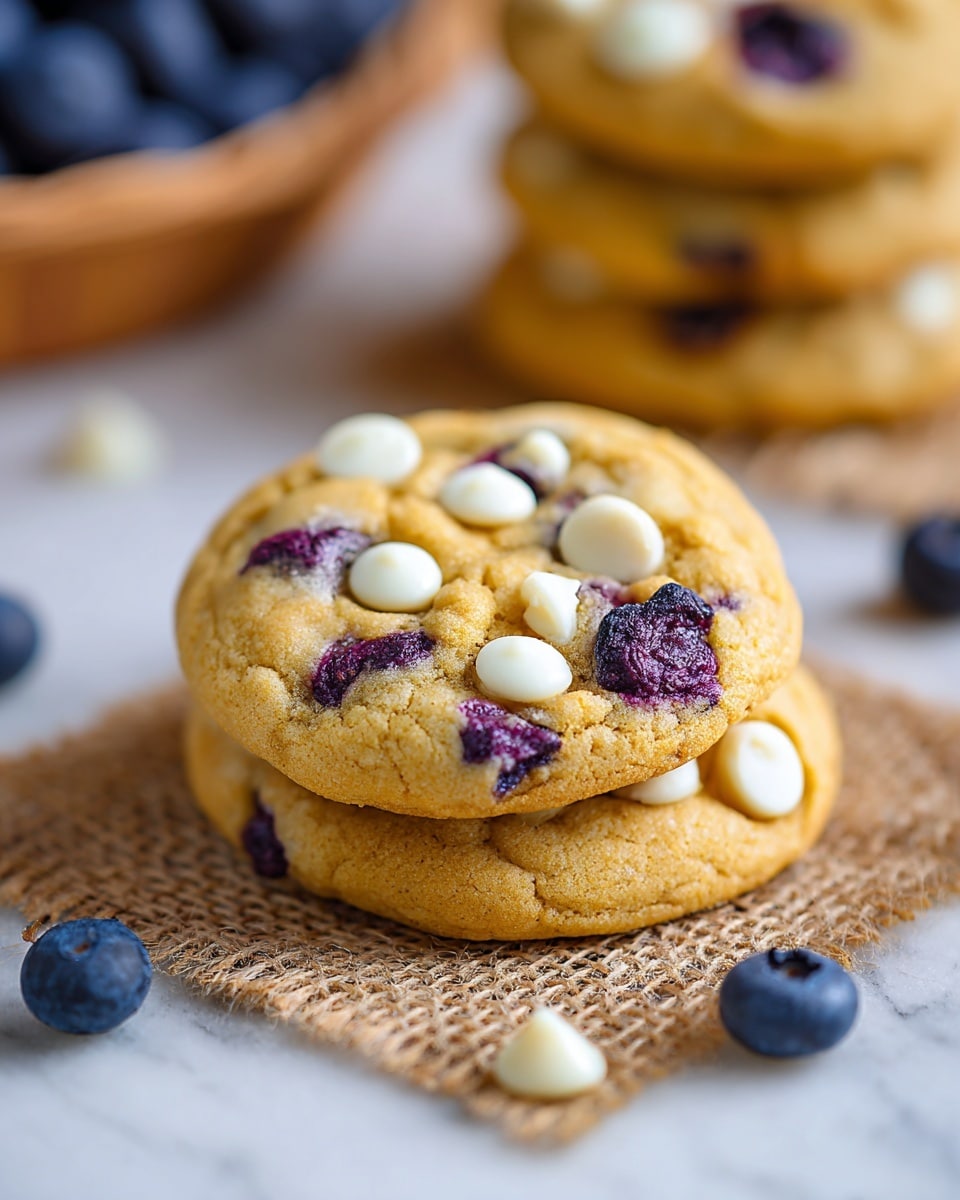 A close-up view of two round golden cookies stacked on a piece of rough burlap on a white marbled surface, with one cookie fully visible in front. The cookies have a soft texture, dotted with white chocolate chips that are round and smooth, and deep purple blueberries that look juicy and slightly squished into the dough. Scattered white chocolate chips and whole blueberries lie around the cookies. In the background, there is a blurred stack of more cookies and a basket holding blueberries. The light is soft, enhancing the warm, inviting colors of the cookies and blueberries. photo taken with an iphone --ar 4:5 --v 7