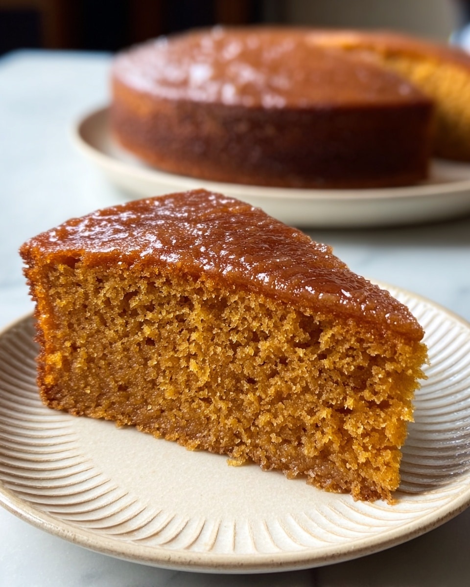 The image shows a close-up of a single slice of a moist, golden brown cake with a smooth top and a slightly dense, crumbly inside texture. The slice has one visible layer with a rich, warm color and a glistening surface from a light sugary glaze. It is placed on a white plate with a ridged pattern, set on a white marbled surface. In the background, there is a blurry view of the remaining whole cake on another white plate. Photo taken with an iphone --ar 4:5 --v 7