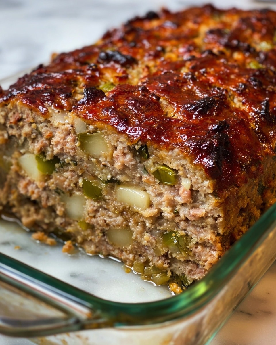 The image shows a thick slice of meatloaf with a rough, brown, and slightly crispy top layer. Inside, there are three visible layers composed of a mixed ground meat base with bits of green vegetables and light-colored chunks scattered throughout. The slice is sitting in a clear glass dish with visible juices pooling around the edges. The background is a white marbled surface, and a woman's hand is gently holding the edge of the dish near the bottom left corner. photo taken with an iphone --ar 4:5 --v 7