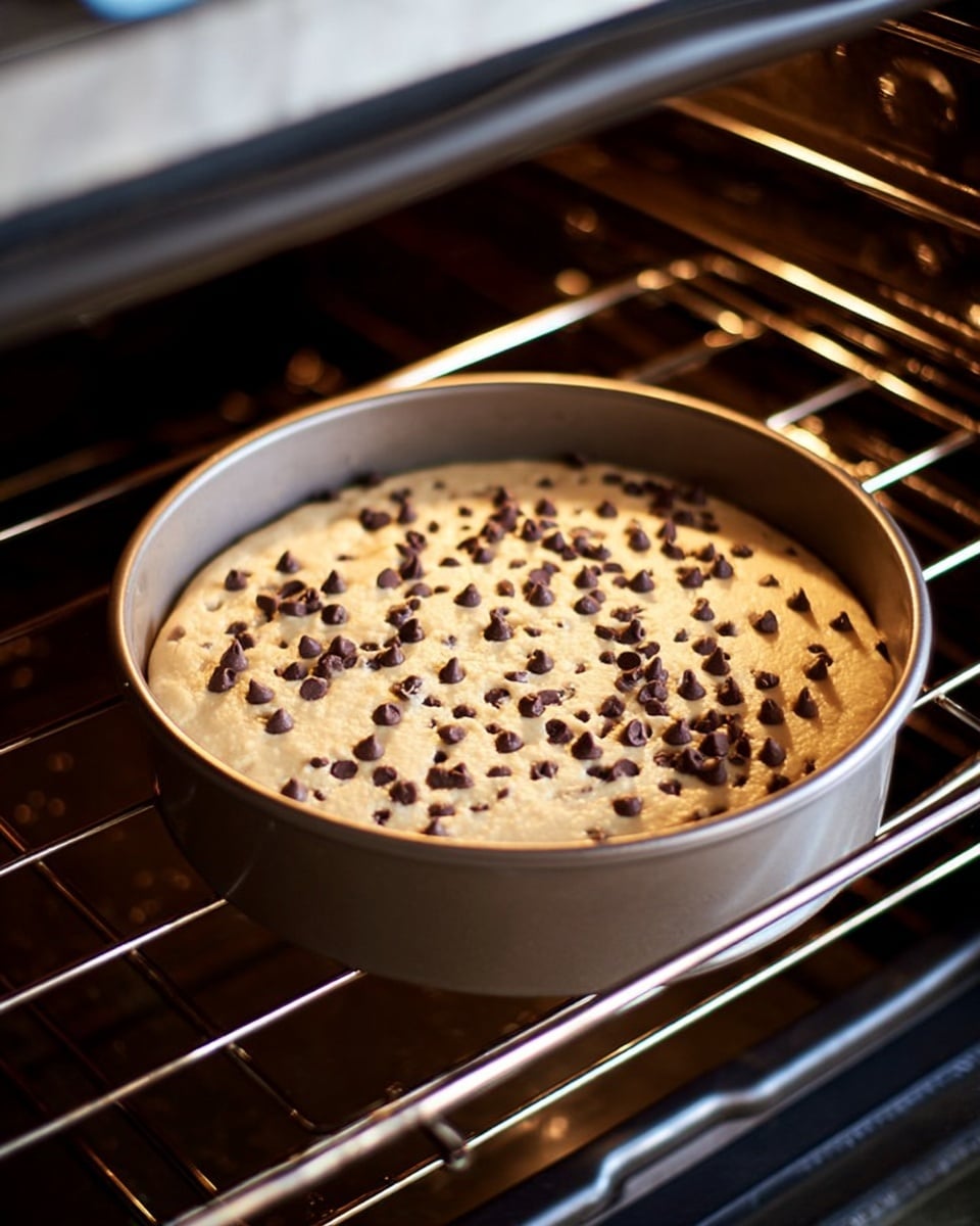 A round, creamy light beige batter layer is filled with many small, dark brown chocolate chips spread evenly on top inside a gray baking pan with a smooth edge. The pan is placed on the metal rack inside an oven, with a dark interior and dim warm lights reflecting off the metal bars. The background shows a part of the oven's open door and control panel. The scene is set against a white marbled texture. photo taken with an iphone --ar 4:5 --v 7