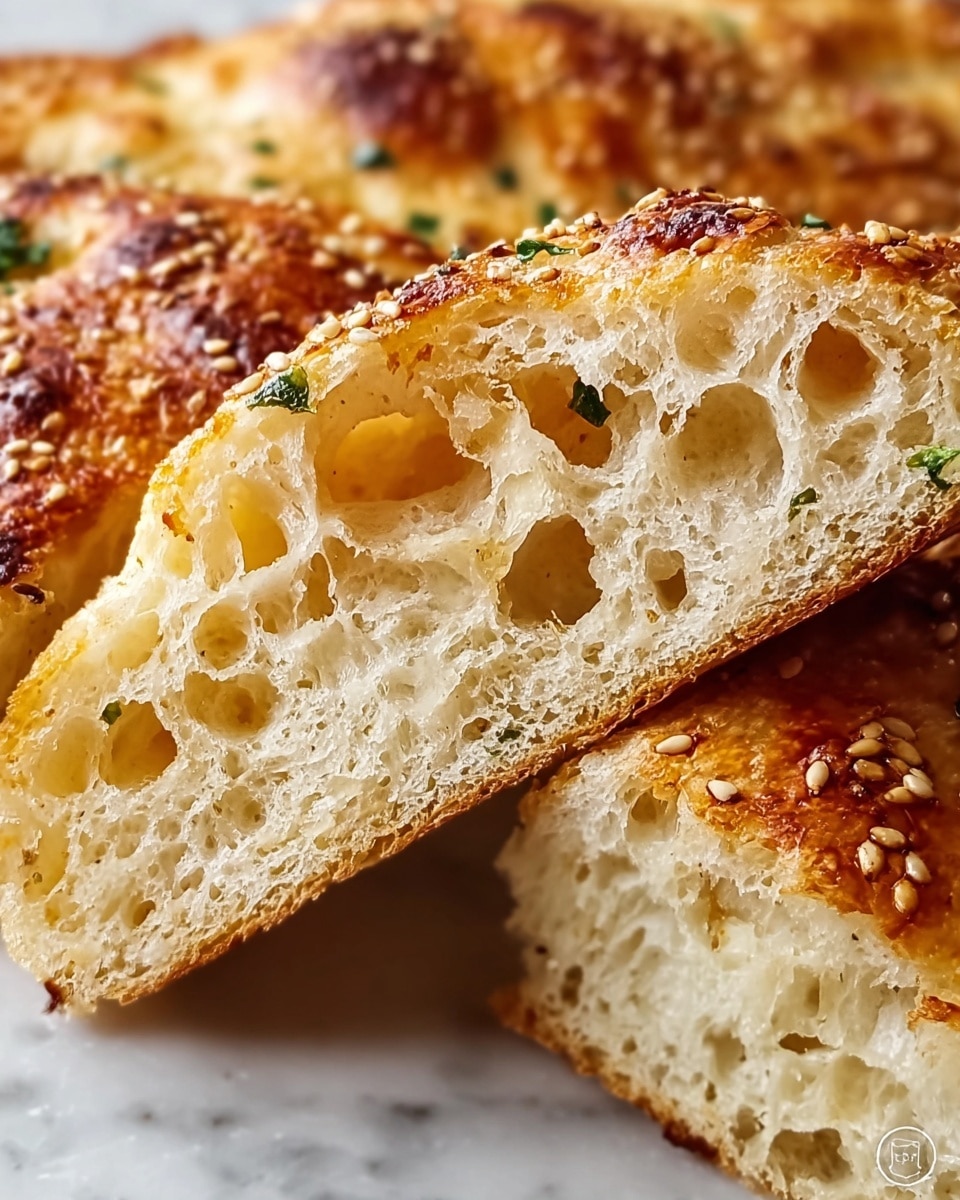 The image shows a close-up of a slightly torn piece of bread with a golden brown crust covered in sesame seeds and bits of green herbs. The inside is soft and airy, with many large holes showing a light, fluffy texture. The bread's crust looks crisp and has a toasted appearance, while the inside looks moist and tender. The background features more of the same type of bread beneath the torn piece, all on a white marbled surface. photo taken with an iphone --ar 4:5 --v 7