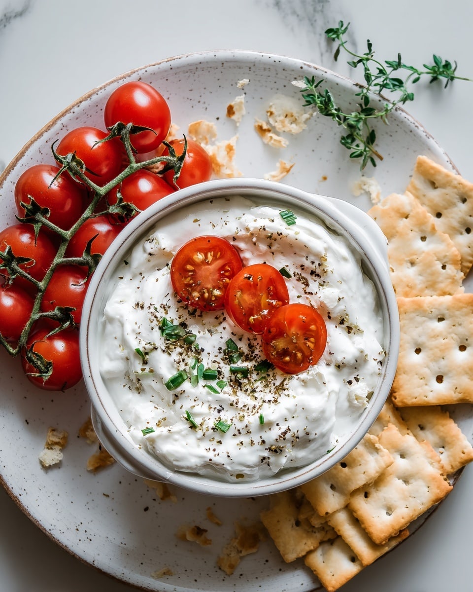 A white speckled round ceramic plate holds a smaller white speckled bowl filled with thick creamy white yogurt. The yogurt is topped with three halved cherry tomatoes arranged in a row, green herb leaves, cracked black pepper, and a drizzle of golden olive oil. Around the bowl on the plate are square golden crackers with small holes and a cluster of shiny whole cherry tomatoes still on the green vine. Sprigs of fresh green herbs decorate the top right edge of the plate. The plate is set on a white marbled surface with a few cracker crumbs scattered nearby. photo taken with an iphone --ar 4:5 --v 7