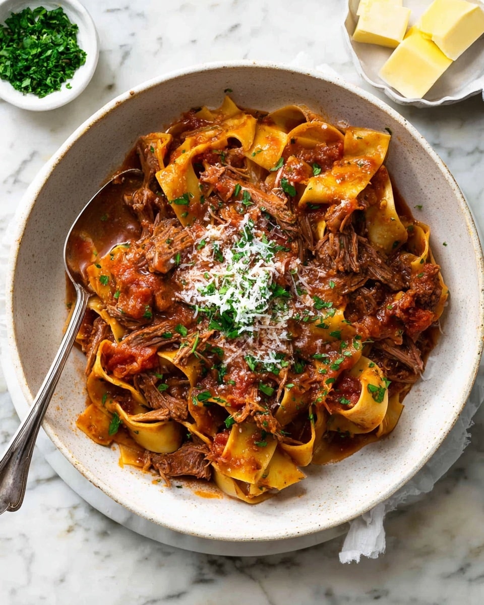 The image shows a round white bowl filled with wide flat pasta noodles mixed with shredded beef in a rich red-brown sauce. The pasta layers are thick and curled, heavily coated in sauce with visible diced tomatoes and herbs. On top, there is a small pile of grated cheese and chopped green herbs adding a fresh touch. A silver spoon rests inside the bowl with its handle leaning out. The bowl sits on a white marbled surface with a small white dish of chopped green herbs in the background and two small yellow butter pieces nearby. photo taken with an iphone --ar 4:5 --v 7